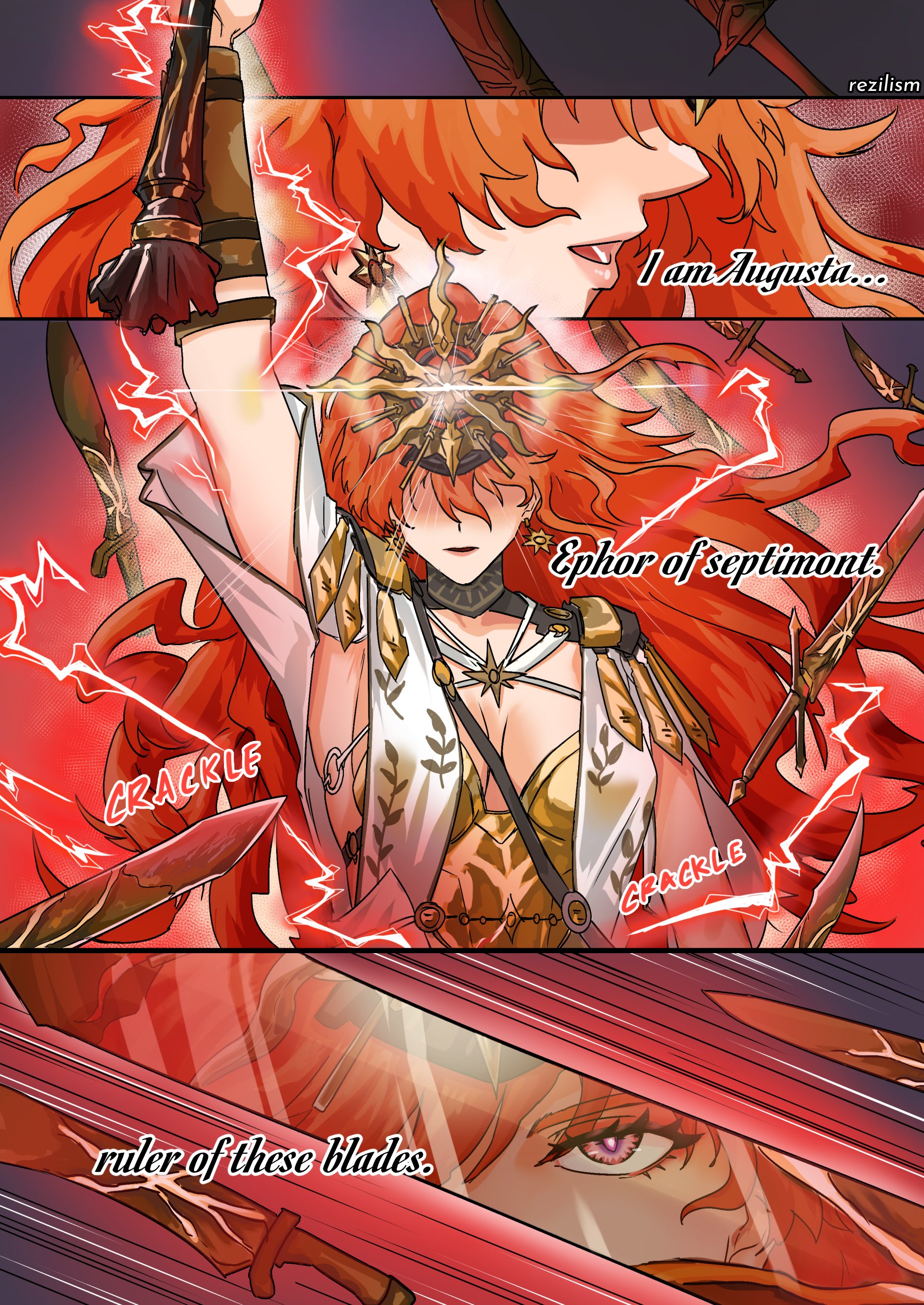 rezilism, augusta (wuthering waves), wuthering waves, absurdres, commentary, english commentary, highres, 1girl, arm armor, armor, black collar, breastplate, breasts, collar, earrings, electricity, english text, floating, floating object, floating sword, floating weapon, hair between eyes, jewelry, long hair, looking at viewer, medium breasts, multiple swords, orange hair, parted lips, red eyes, sun earrings, sun necklace, sword, weapon