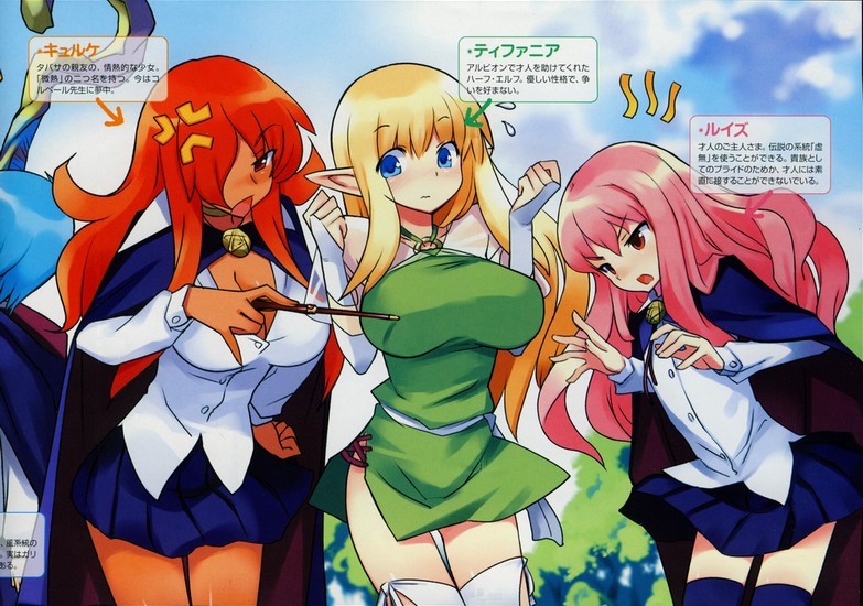 usatsuka eiji, kirche augusta frederica von anhalt zerbst, louise francoise le blanc de la valliere, tiffania westwood, zero no tsukaima, translation request, 00s, 3girls, anger vein, breast envy, breasts, character name, elf, huge breasts, large breasts, looking at breasts, multiple girls, pentacle, pointy ears, poking, poking another's breast, sweatdrop, thighhighs
