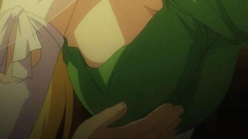 hiraga saito, tiffania westwood, zero no tsukaima, dvd, animated, animated gif, anime screenshot, lowres, 00s, 1girl, breasts, cleavage, grabbing another's breast, groping, hanging breasts, huge breasts