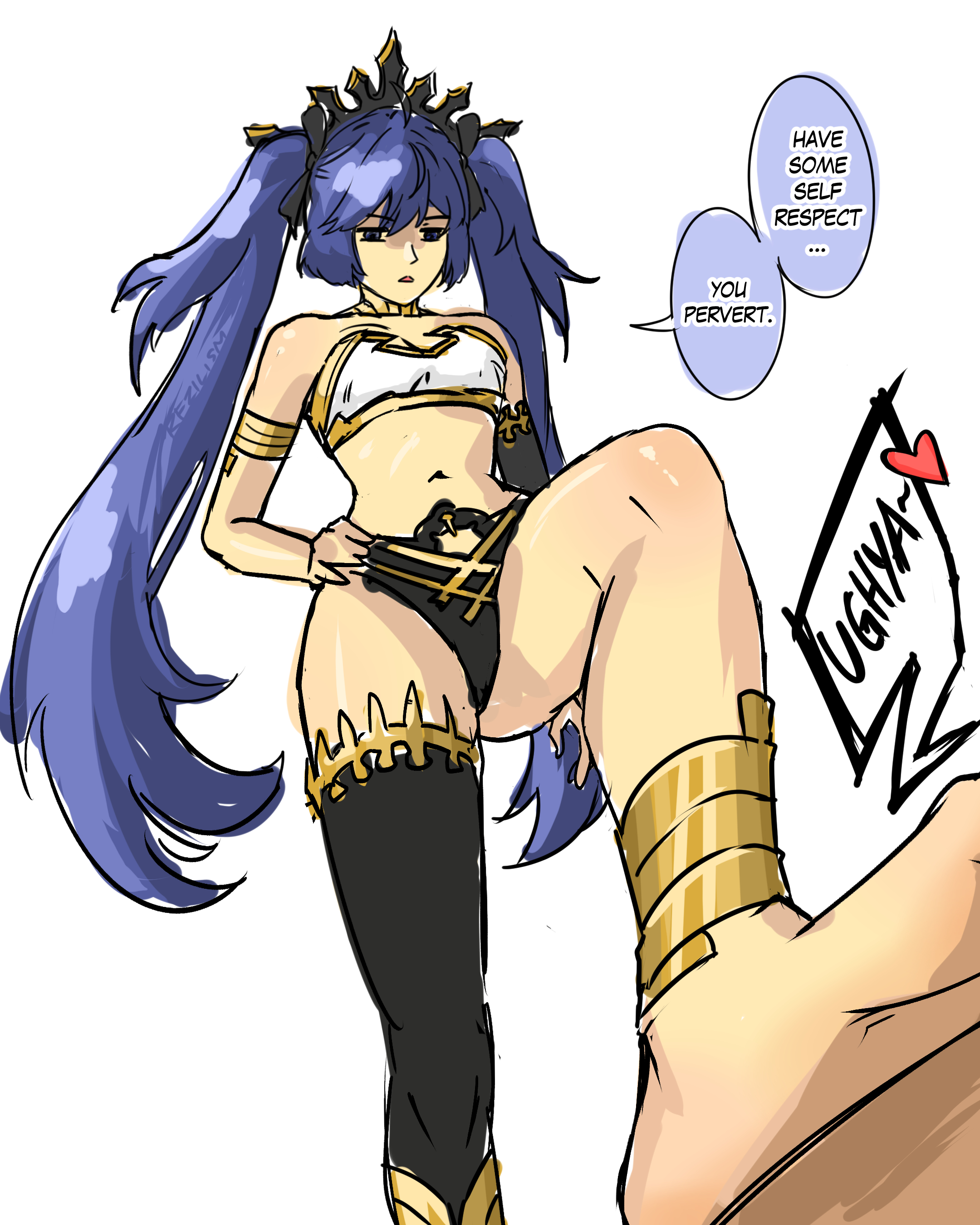 rezilism, ishtar (fate), iuno (wuthering waves), fate/grand order, fate (series), wuthering waves, absurdres, commentary, highres, 1girl, anklet, armlet, bare shoulders, barefoot, bikini, black bikini, black thighhighs, blue eyes, blue hair, breasts, cosplay, english text, hand on own hip, headgear, ishtar (fate) (cosplay), jewelry, long hair, medium breasts, mismatched bikini, navel, parted lips, simple background, single thighhigh, solo, stepped on, stomach, swimsuit, thighhighs, thighs, twintails, very long hair, white background, white bikini