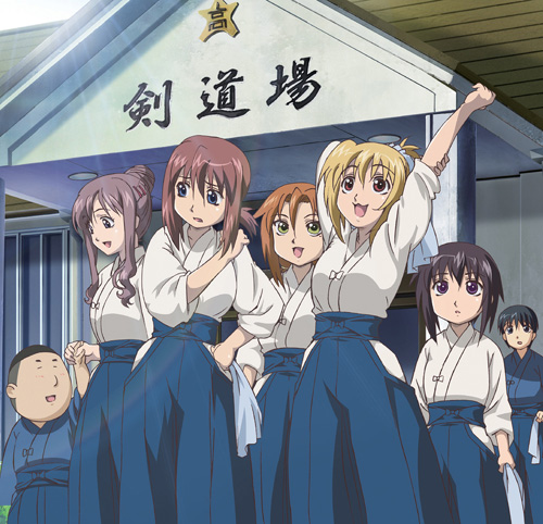 azuma satori, chiba kirino, eiga danjuurou, kawazoe tamaki, kuwahara sayako, miyazaki miyako, nakata yuuji, bamboo blade, lowres, 00s, 2boys, 5girls, blue hakama, bob cut, hakama, hakama skirt, japanese clothes, kendo, multiple boys, multiple girls, skirt