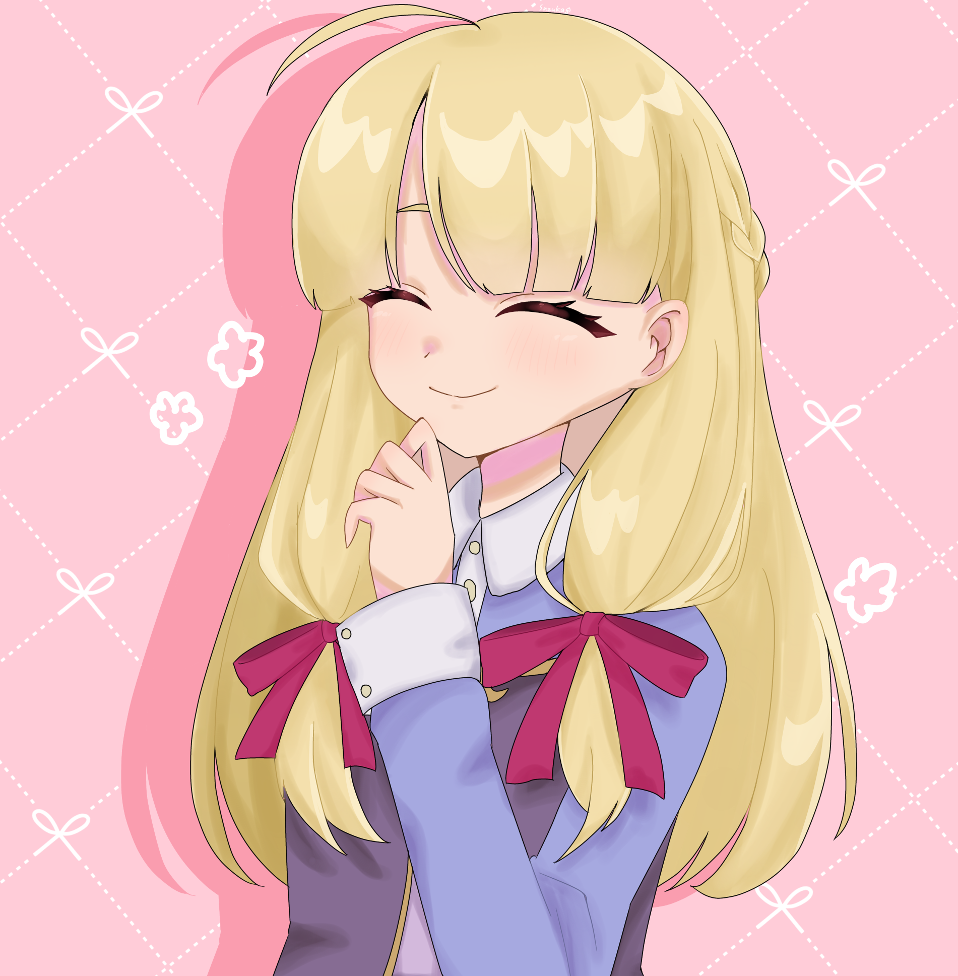sonia (tales of crestoria), tales of (series), tales of crestoria, 1girl, 5npa93a, blue shirt, buttons, closed eyes, closed mouth, hand up, light blush, pink background, purple vest, shirt, smile, solo, upper body, vest