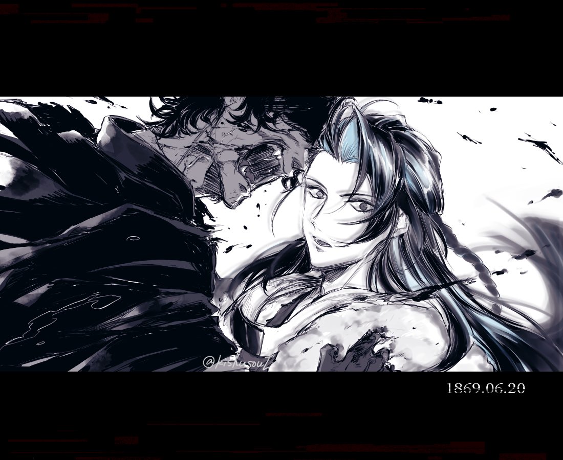 kishusoul, hijikata toshizou (fate), kondou isami (fate), fate/grand order, fate (series), 2boys, blood, blood on face, blue hair, braid, curtained hair, heterochromia, jacket, japanese clothes, kimono, long hair, looking at viewer, male focus, multiple boys, open mouth, short hair, white background