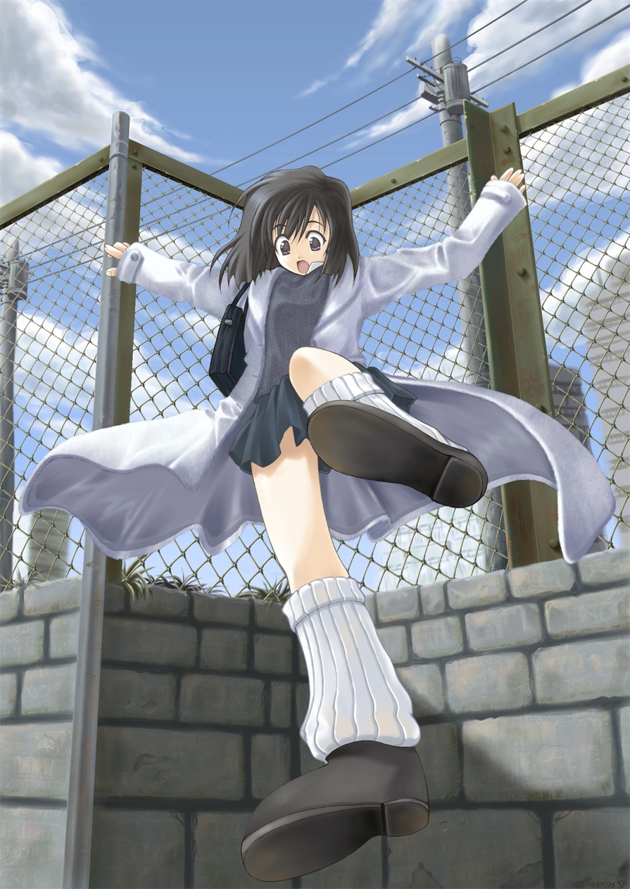 banrohho, original, highres, 1girl, chain-link fence, female focus, fence, jumping, lab coat, loose socks, open mouth, power lines, socks, solo