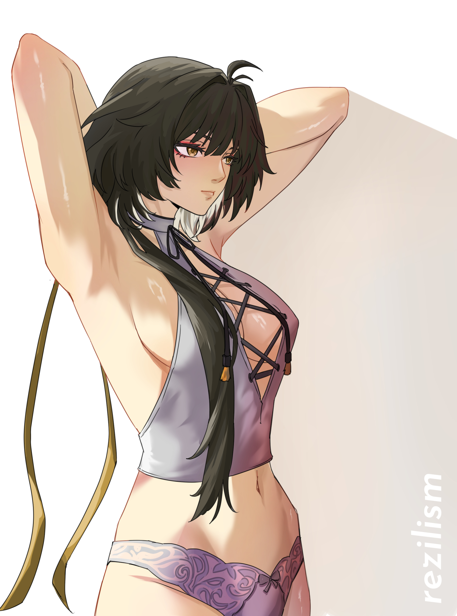 rezilism, female rover (wuthering waves), rover (wuthering waves), wuthering waves, commentary, english commentary, highres, 1girl, armpits, arms up, artist name, black hair, breasts, closed mouth, cross-laced clothes, cross-laced top, grey shirt, large breasts, long hair, looking ahead, navel, panties, purple panties, shirt, sideboob, sleeveless, sleeveless shirt, solo, underwear, yellow eyes