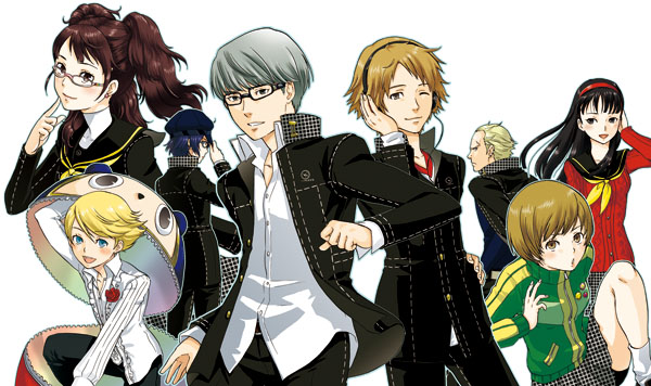 jagaimo (rokke), amagi yukiko, hanamura yousuke, kujikawa rise, kuma (persona 4), narukami yu, satonaka chie, shirogane naoto, tatsumi kanji, atlus, persona, persona 4, silver hair, 4boys, 4girls, black skirt, brown hair, gakuran, glasses, headphones, kicking, long sleeves, looking at viewer, multiple boys, multiple girls, neckerchief, pleated skirt, sailor collar, school uniform, shorts, shorts under skirt, simple background, skirt, white background