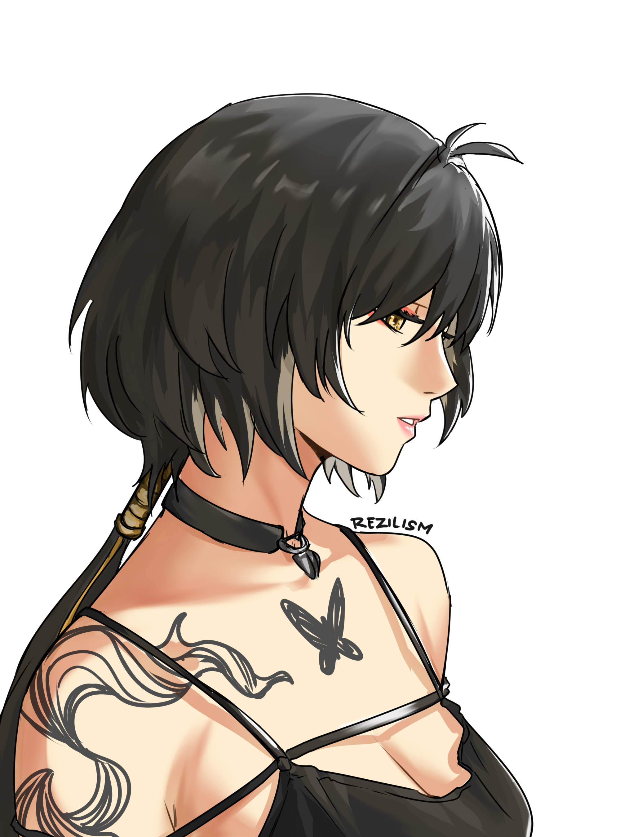 rezilism, female rover (wuthering waves), rover (wuthering waves), wuthering waves, absurdres, commentary, english commentary, highres, photo-referenced, arm tattoo, artist name, bare shoulders, black hair, breasts, butterfly tattoo, chest tattoo, cleavage, long hair, low ponytail, medium breasts, parted lips, ponytail, portrait, simple background, tattoo, white background, yellow eyes