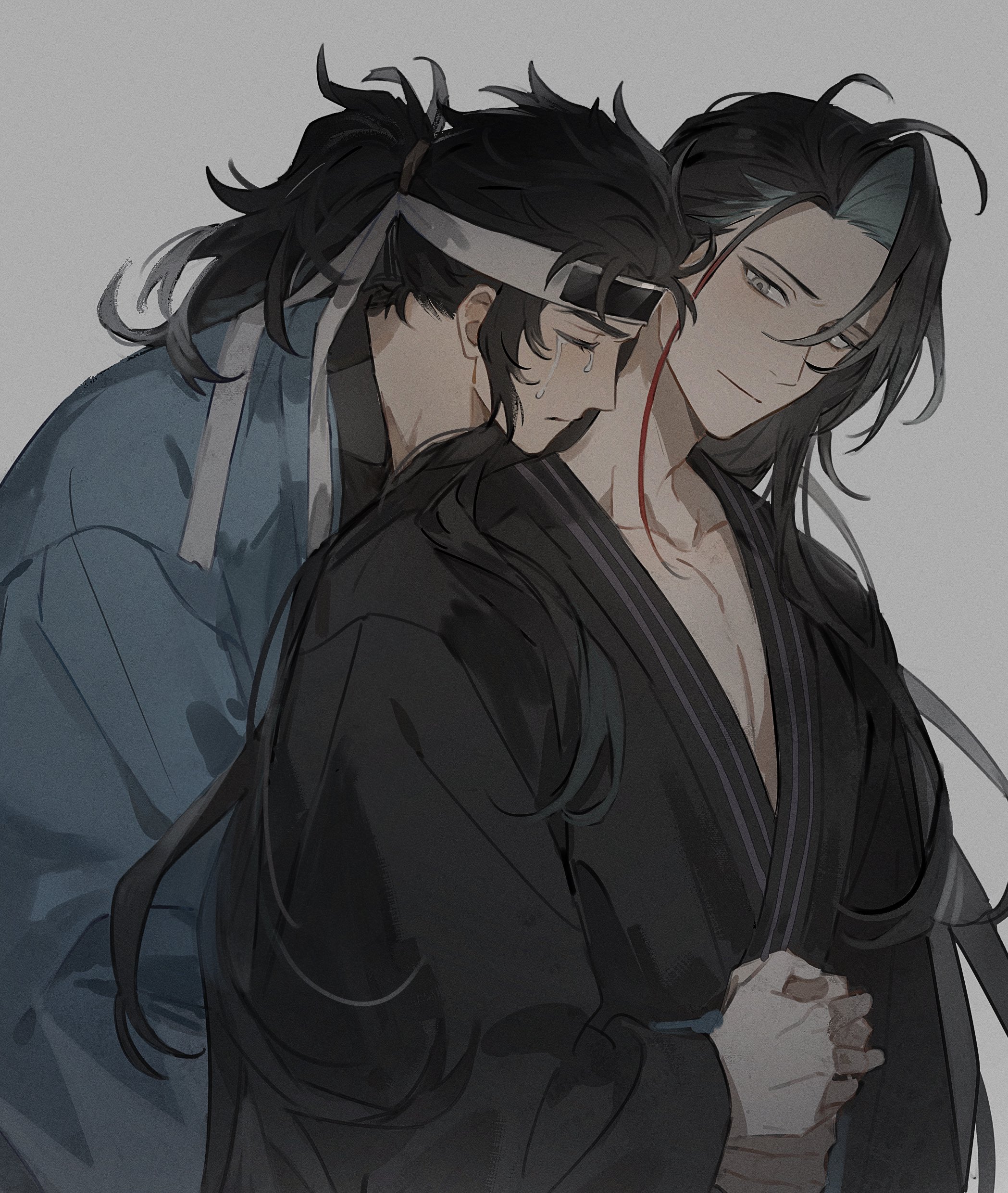hijikata toshizou (fate), kondou isami (fate), fate/grand order, fate (series), absurdres, highres, 2boys, antenna hair, black hair, black kimono, blue haori, crying, curtained hair, grey background, grey eyes, haori, headband, hug, hug from behind, japanese clothes, kimono, long hair, male focus, muhan012, multicolored hair, multiple boys, ponytail, red streaks, shinsengumi, simple background, smile, streaked hair, upper body, yaoi