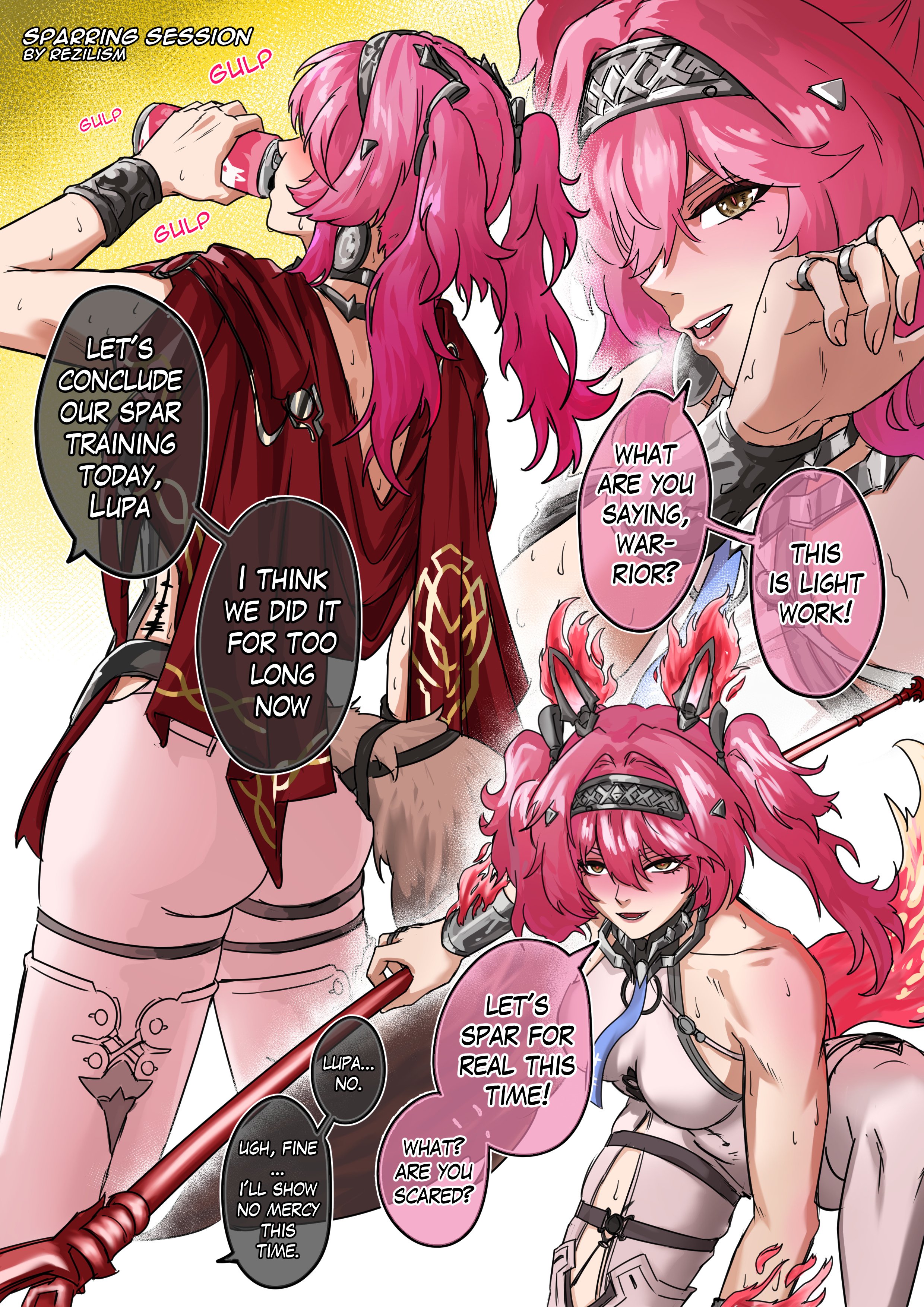 rezilism, lupa (wuthering waves), wuthering waves, absurdres, commentary, english commentary, highres, 1girl, artist name, bare shoulders, blush, bodysuit, breasts, can, collar, drink can, drinking, earrings, english text, hair between eyes, hairband, headgear, holding, holding can, holding polearm, holding weapon, jewelry, long hair, looking at viewer, medium breasts, metal collar, metal hairband, multiple views, pink hair, polearm, red sash, sash, tacet mark (wuthering waves), tail, twintails, weapon, white bodysuit, wolf tail, wrist guards, yellow eyes
