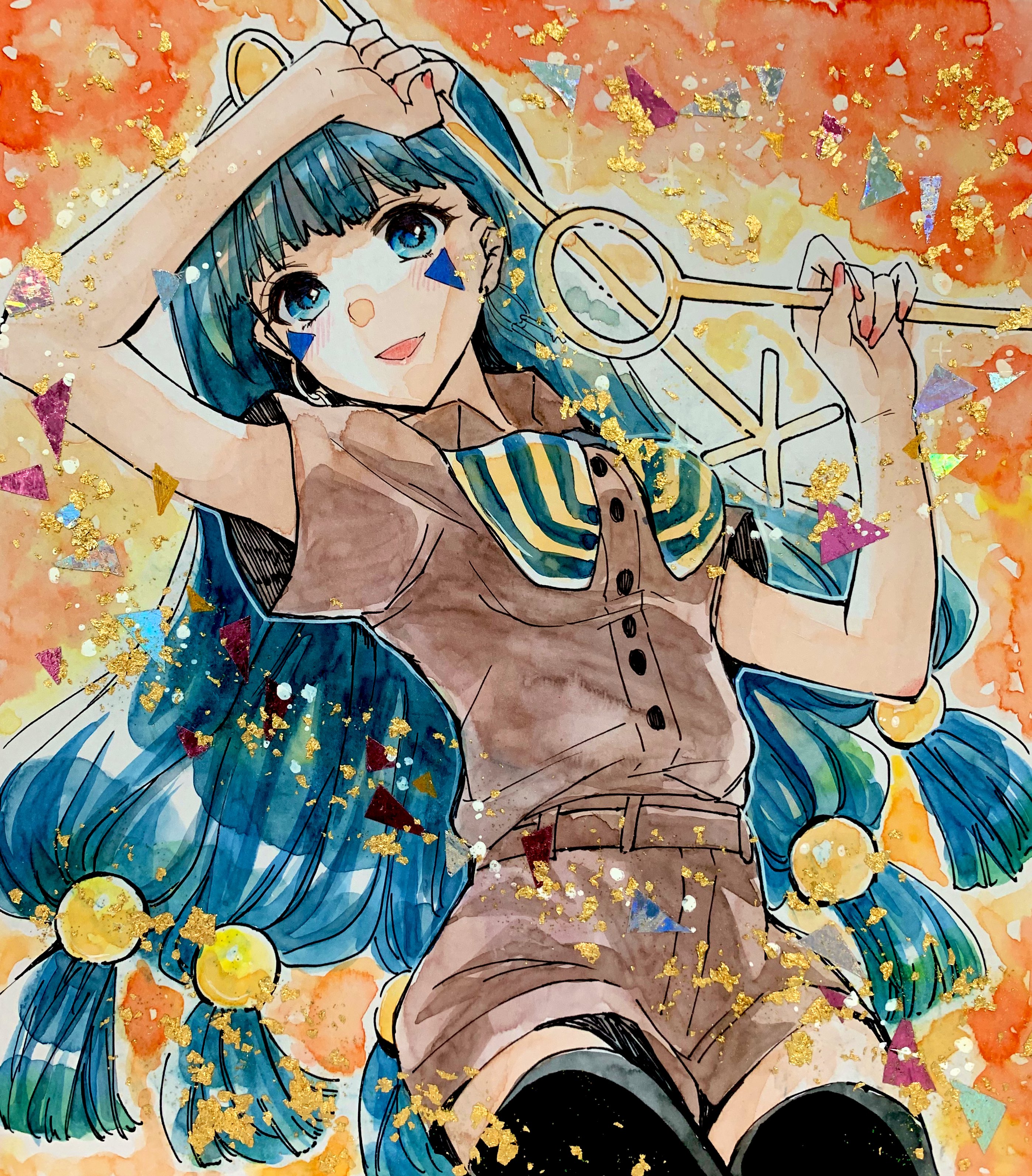 iori (akaringo), michigami nareko, touhou, absurdres, highres, 1girl, black thighhighs, blue eyes, blue hair, brown shorts, cropped torso, long hair, looking at viewer, short sleeves, shorts, solo, thighhighs