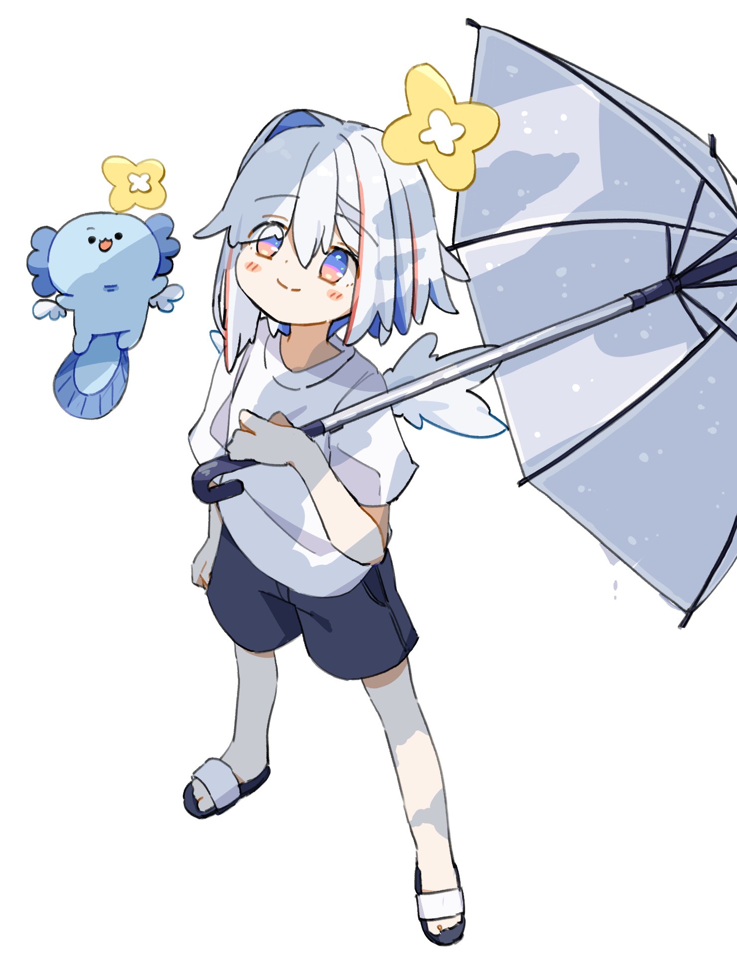 shigeo (shg kmkr), amane kanata, upao (amane kanata), hololive, highres, 1girl, aged down, alternate costume, angel, angel wings, black shorts, blue eyes, blue hair, blush stickers, closed mouth, colored inner hair, contrapposto, from above, full body, grey umbrella, hair between eyes, halo, holding, holding umbrella, looking up, multicolored hair, sandals, shirt, short hair, shorts, sidelocks, simple background, single hair intake, smile, solo, standing, star halo, t-shirt, umbrella, virtual youtuber, white background, white hair, white shirt, white wings, wings, yellow halo