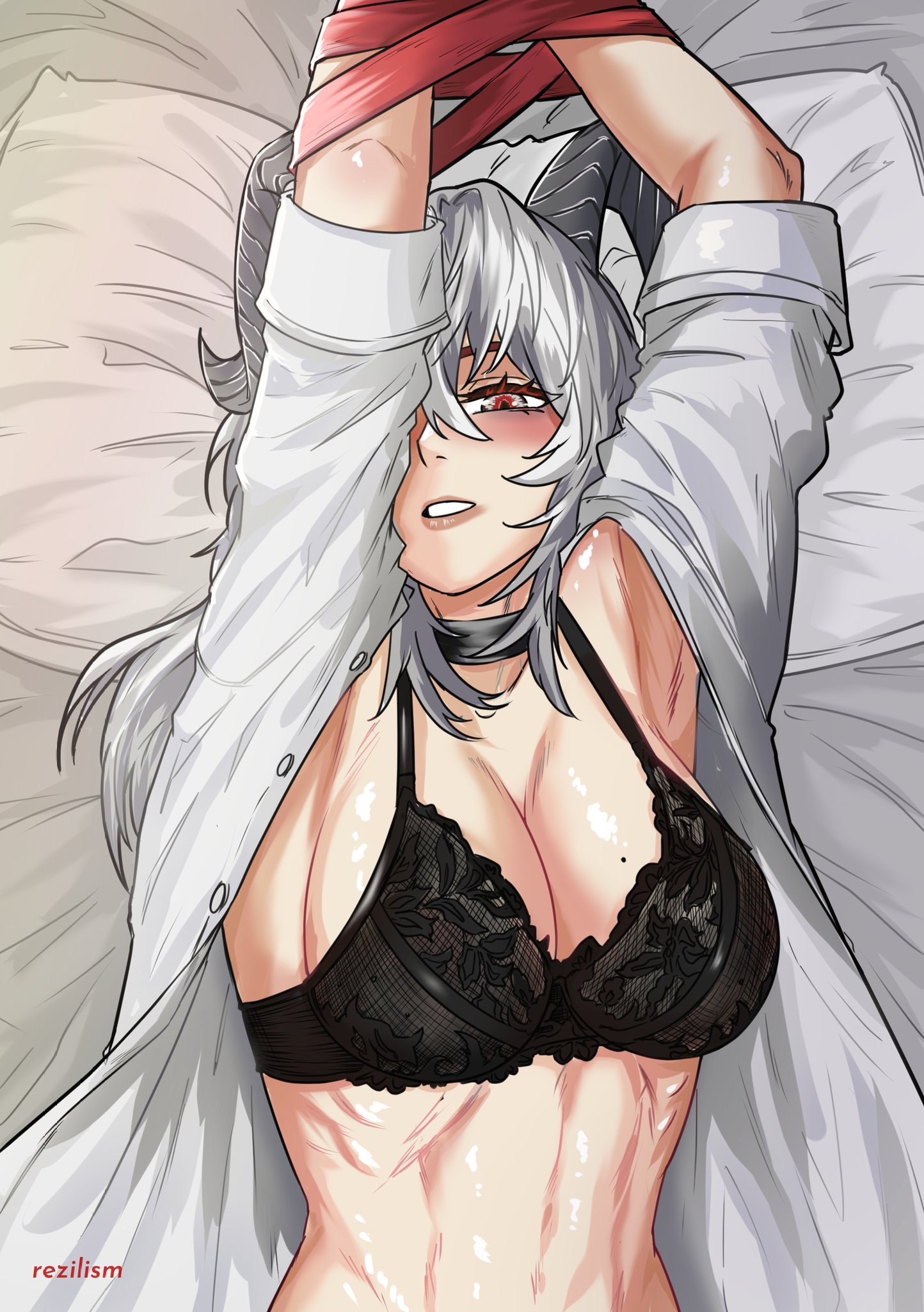 rezilism, zani (wuthering waves), wuthering waves, commentary, english commentary, highres, 1girl, arms up, artist name, bed, black bra, black choker, black eyes, black horns, blush, bra, breasts, choker, collarbone, curled horns, grey hair, hair between eyes, horns, large breasts, long hair, looking at viewer, lying, mole beside mouth, multicolored eyes, on back, on bed, open clothes, open shirt, parted lips, pillow, red eyes, shirt, solo, stomach, two-tone eyes, underwear, white shirt