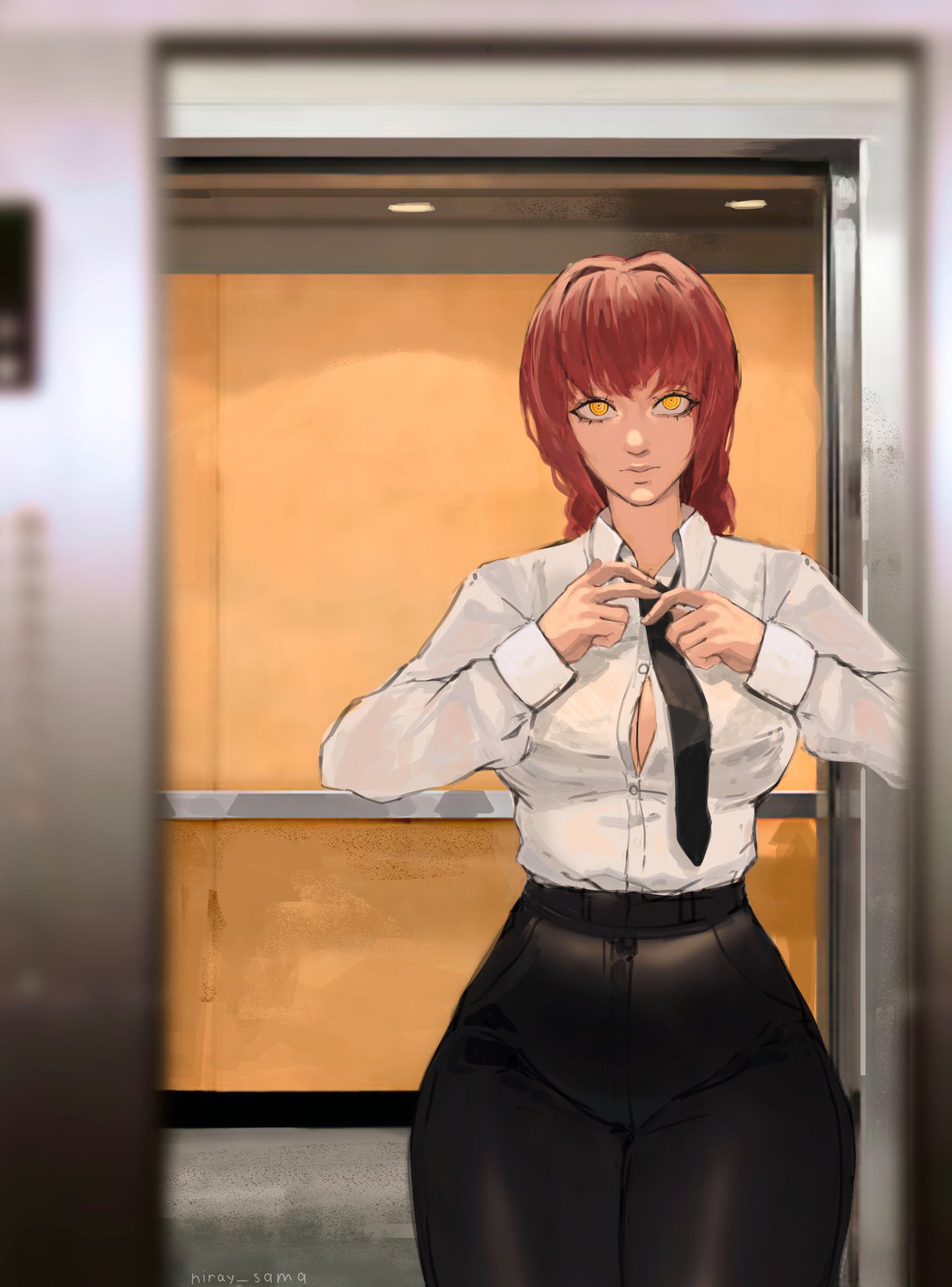 uchihaniray, makima (chainsaw man), chainsaw man, commentary, highres, 1girl, adjusting clothes, adjusting necktie, black necktie, black pants, blurry, blurry foreground, breasts, cleavage, closed mouth, collared shirt, cowboy shot, elevator, formal clothes, high-waist pants, indoors, large breasts, long sleeves, looking at viewer, necktie, pants, red hair, ringed eyes, shirt, shirt tucked in, solo, standing, white shirt, yellow eyes