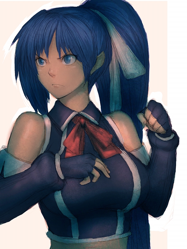 fumio (rsqkr), yuri (quiz magic academy), quiz magic academy, 1girl, angry, blue eyes, blue hair, bow, breasts, clenched hand, elbow gloves, female focus, fingerless gloves, frown, gloves, impossible clothes, impossible shirt, large breasts, matching hair/eyes, ponytail, ribbon, shirt, simple background, solo, upper body