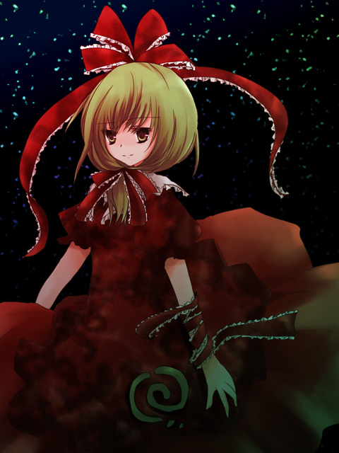 shima hinako, kagiyama hina, touhou, 1girl, blonde hair, dress, female focus, front ponytail, plant, puffy short sleeves, puffy sleeves, purple hair, red dress, shawl, short hair, short sleeves, sitting, solo, thorns, vines