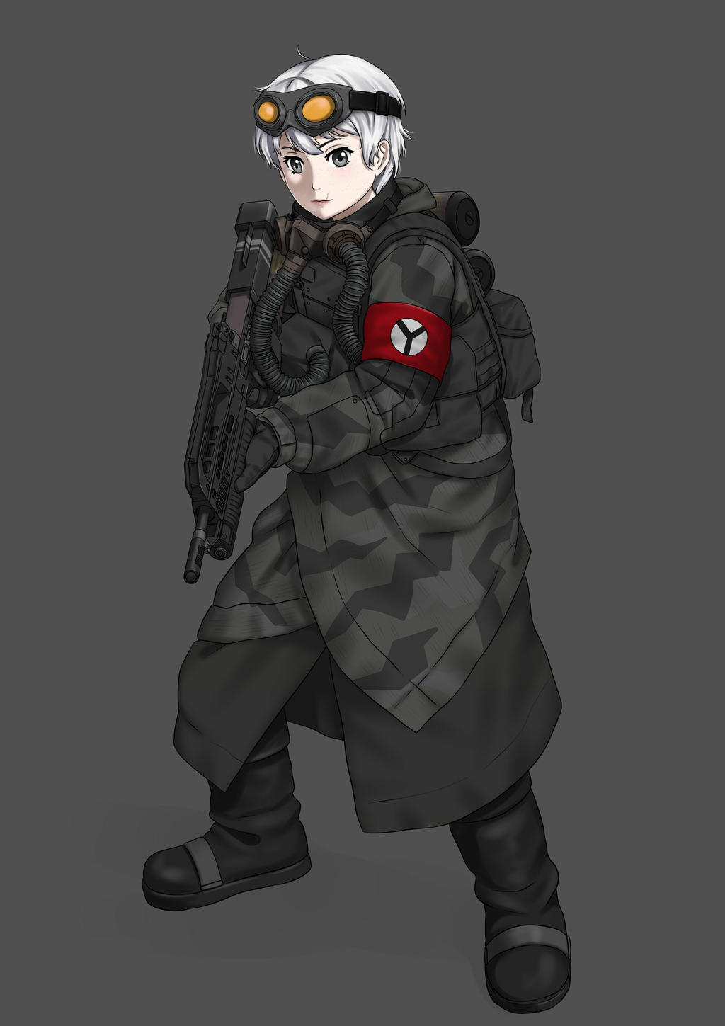 mardjan, helghast, killzone, original, 1girl, armband, assault rifle, backpack, bag, boots, bullpup, gloves, goggles, goggles on head, grey background, grey eyes, gun, holding, holding gun, holding weapon, insignia, long coat, mask, military, military combat uniform, military uniform, pale skin, respirator, rifle, short hair, strap, weapon, white hair