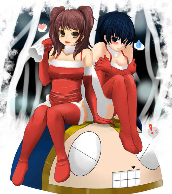 mizuno kakeru, kujikawa rise, kuma (persona 4), shirogane naoto, atlus, persona, persona 4, 2girls, blue eyes, blue hair, blush, breasts, brown eyes, choker, christmas, cleavage, gloves, medium breasts, multiple girls, red gloves, red hair, santa costume, short hair, thighhighs, twintails