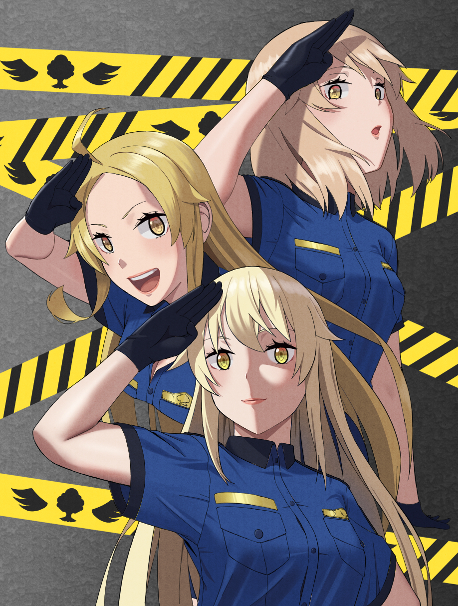 pimm (chiramegd), isekai nonbiri nouka, highres, 3girls, ahoge, black gloves, blonde hair, blue shirt, breasts, gloves, granmaria (isekai nonbiri nouka), kudel (isekai nonbiri nouka), kurone (isekai noubiri nouka), long hair, medium hair, multiple girls, open mouth, police, police uniform, policewoman, salute, shirt, short sleeves, smile, yellow eyes