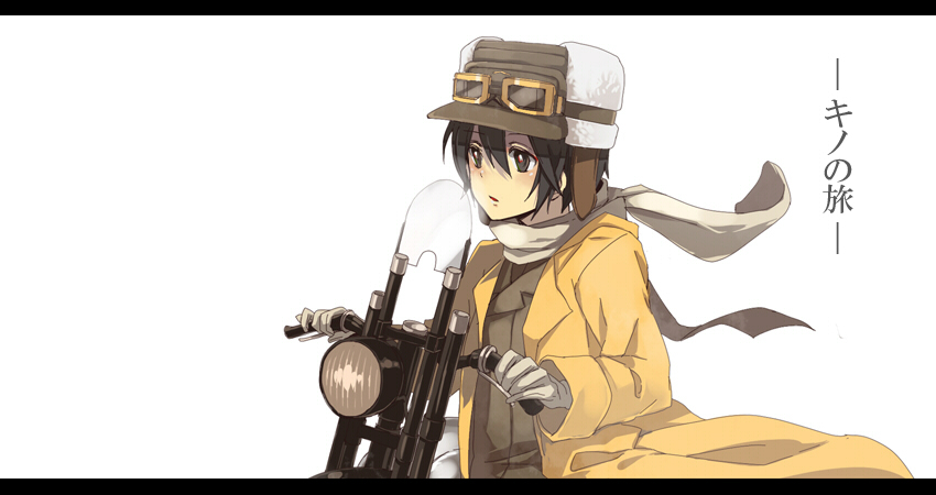 loo, kino (kino no tabi), kino no tabi, vehicle, bad id, bad pixiv id, 00s, 1girl, androgynous, black hair, coat, female focus, fur hat, hat, letterboxed, motor vehicle, motorcycle, reverse trap, sakuta rou, short hair, solo, tomboy