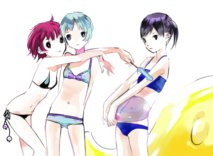 naoe marimo, original, 3girls, bikini, flat chest, food, hug, multiple girls, popsicle, swimsuit