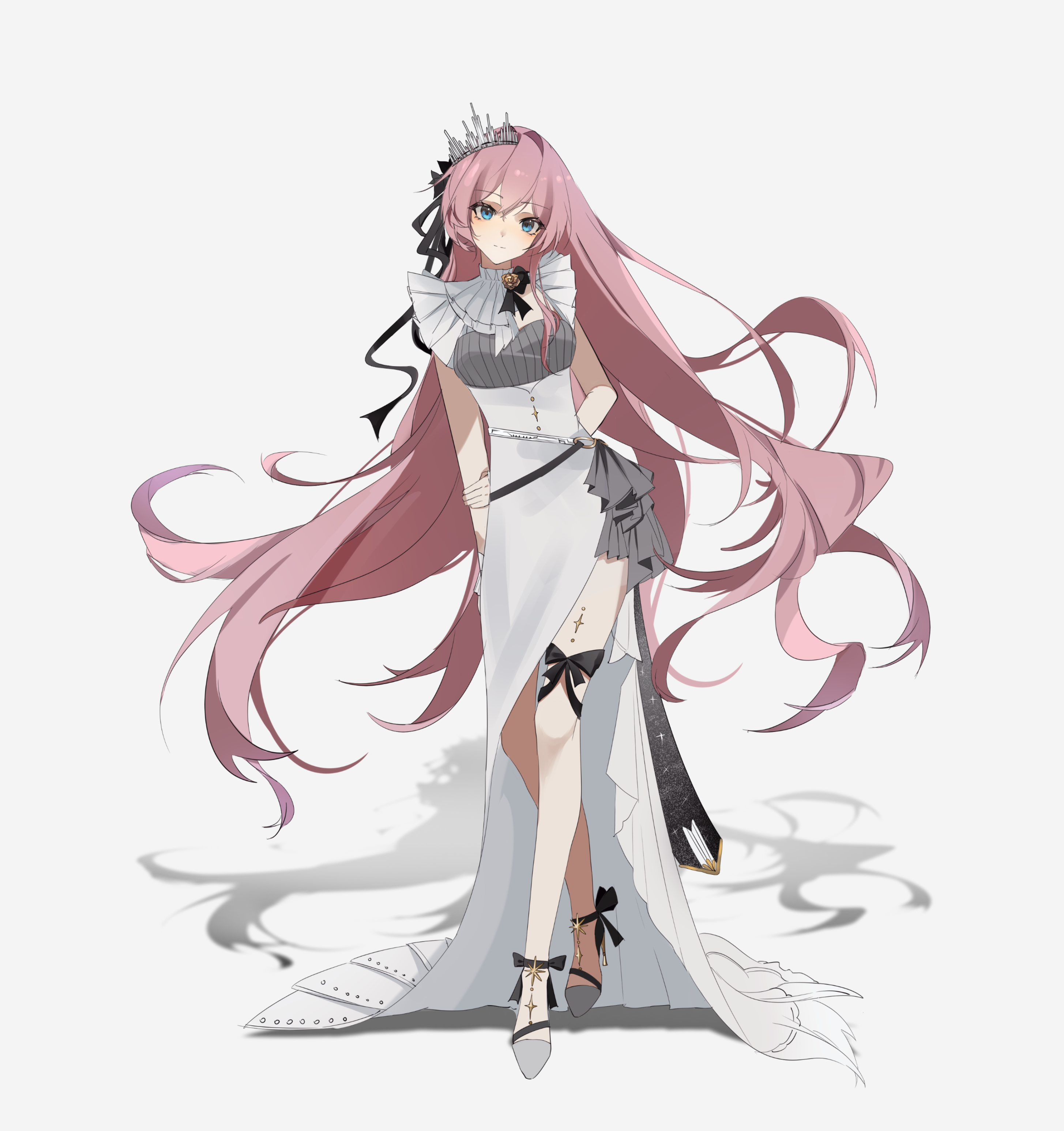 shen jiu, megurine luka, miku symphony (vocaloid), vocaloid, absurdres, commentary, highres, 1girl, ankle ribbon, aqua eyes, arms behind back, asymmetrical dress, black bow, black bowtie, black ribbon, blush, bow, bowtie, breasts, collared dress, crown, dot nose, dress, floating hair, full body, grey dress, grey shoes, hair between eyes, hair ribbon, hand on own arm, head tilt, leg ribbon, light smile, long hair, looking at viewer, medium breasts, official alternate costume, pink hair, ribbon, shoes, short sleeves, side slit, sidelocks, solo, split mouth, standing, thigh ribbon, train (clothing), very long hair, white background, white dress