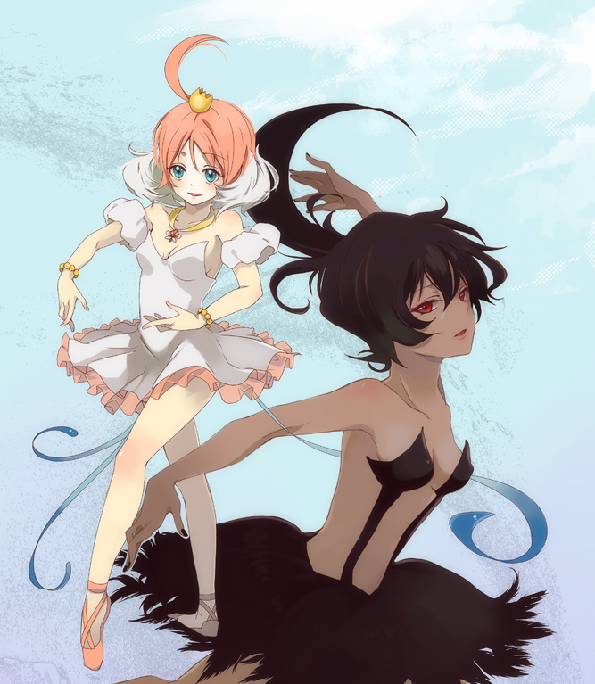 loo, ahiru (princess tutu), princess kraehe, princess tutu (character), rue (princess tutu), princess tutu, bad id, bad pixiv id, 00s, 2girls, ahoge, ballerina, ballet, ballet slippers, bare legs, bare shoulders, black hair, blue eyes, footwear ribbon, jewelry, legs, multiple girls, no legwear, orange hair, pendant, red eyes, sakuta rou, tutu