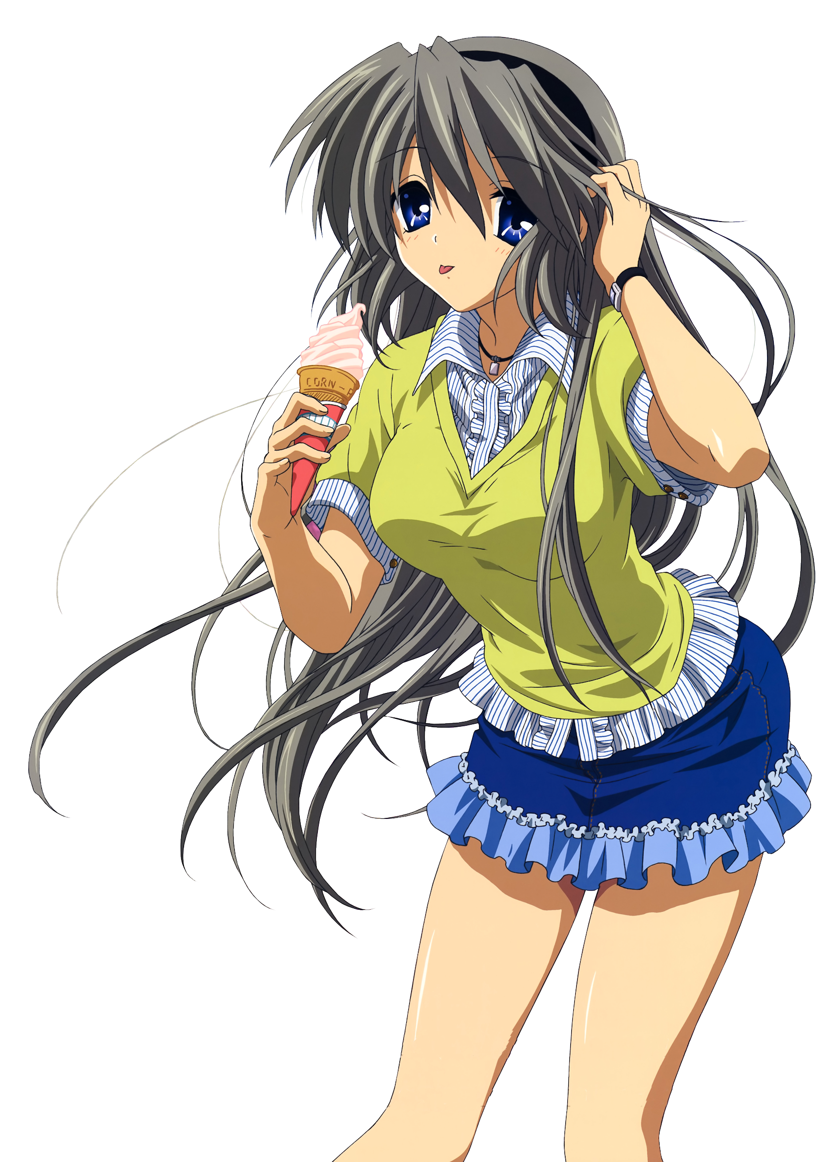 sakagami tomoyo, clannad, silver hair, highres, 00s, blue eyes, casual, food, hairband, headband, ice cream, leaning forward, long hair, skirt, solo, tongue, transparent background, very long hair