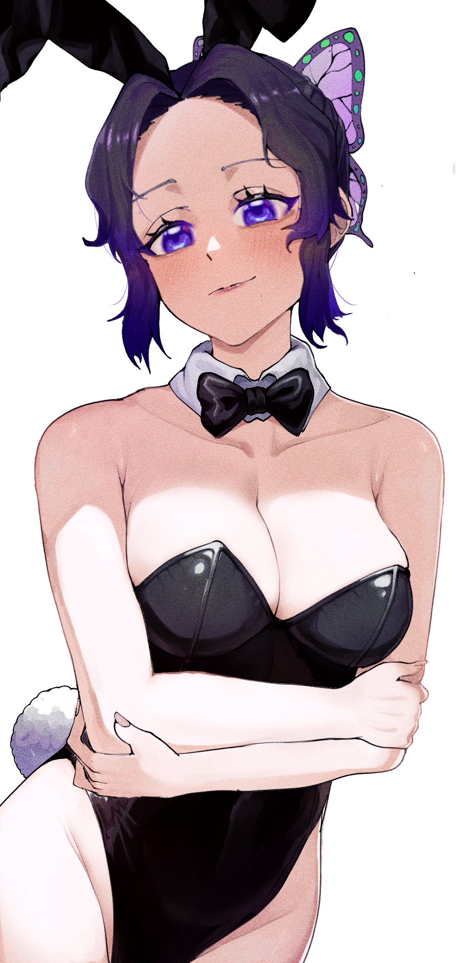 yellow glasses (odivichno), kochou shinobu, kimetsu no yaiba, commentary, highres, 1girl, animal ears, black bow, black bowtie, black leotard, bow, bowtie, breasts, butterfly hair ornament, cleavage, collarbone, detached collar, fake animal ears, fake tail, groin, hair ornament, leotard, looking at viewer, playboy bunny, purple eyes, purple hair, rabbit ears, rabbit tail, sidelocks, simple background, solo, strapless, strapless leotard, tail, white background