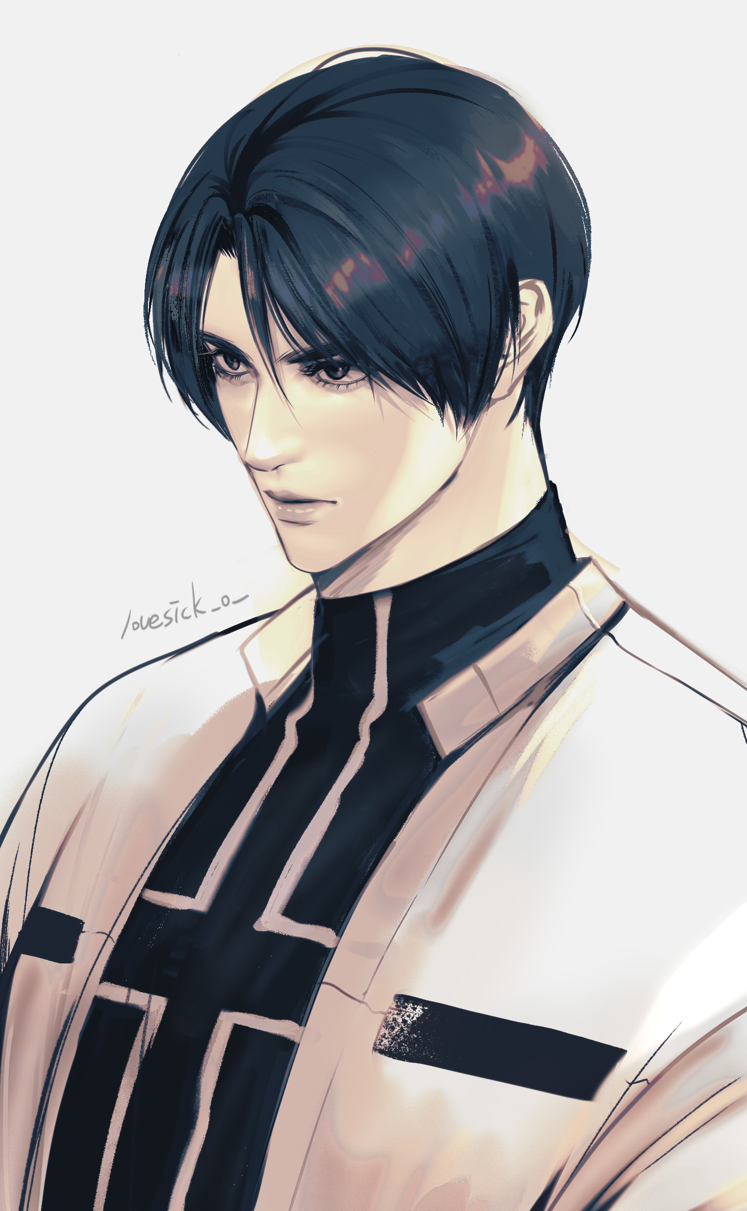 lovesick 0, kusanagi kyou, the king of fighters, highres, mixed-language commentary, 1boy, artist name, black hair, black shirt, closed mouth, cross, cross print, greyscale, jacket, leather, leather jacket, lips, looking ahead, male focus, monochrome, portrait (object), shirt, short hair, solo, turtleneck, turtleneck shirt, white jacket