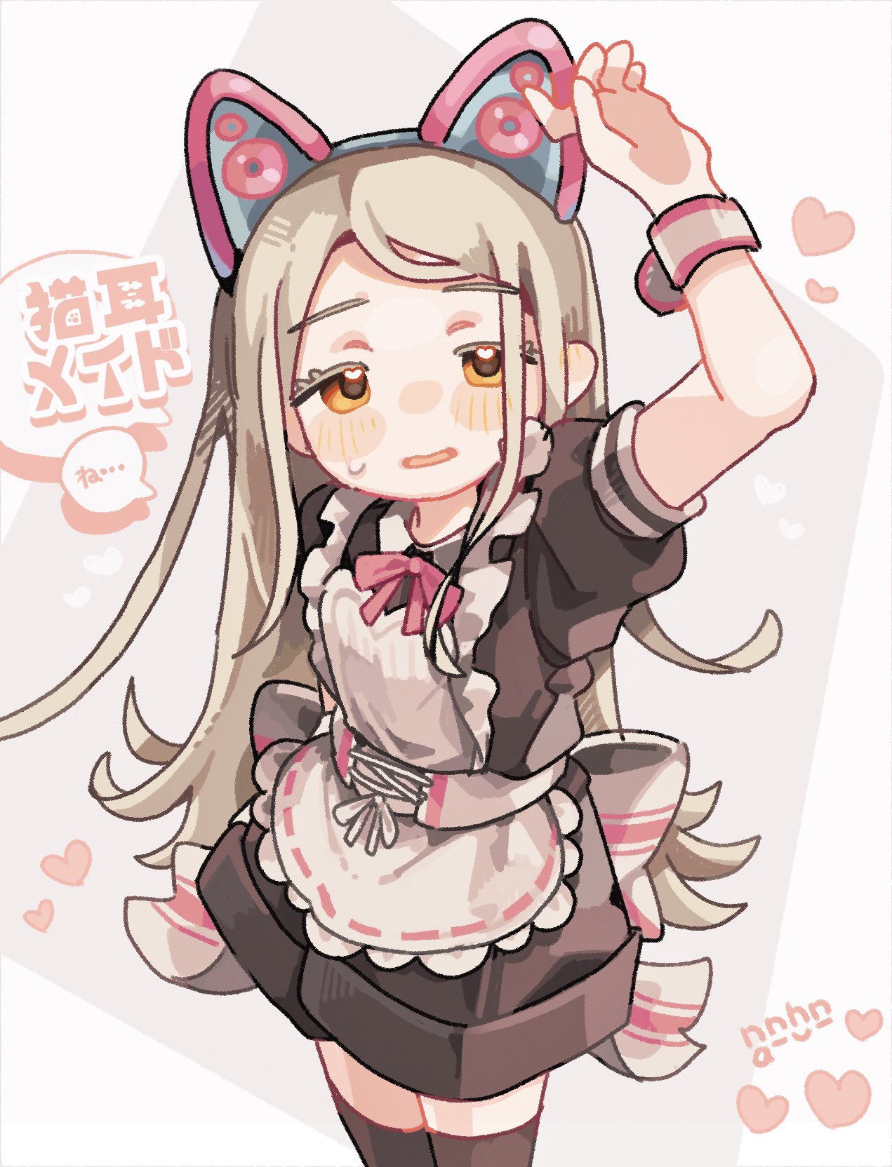 tabunnanhun, shinosawa hiro, gakuen idolmaster, idolmaster, commentary request, highres, translation request, 1girl, alternate costume, animal ears, apron, arm up, back bow, black dress, black thighhighs, blonde hair, blush stickers, bow, cat ears, cowboy shot, dress, enmaided, frilled apron, frills, grey background, long hair, maid, open mouth, short sleeves, signature, solo, sweatdrop, thighhighs, white apron, white bow, wrist cuffs, yellow eyes