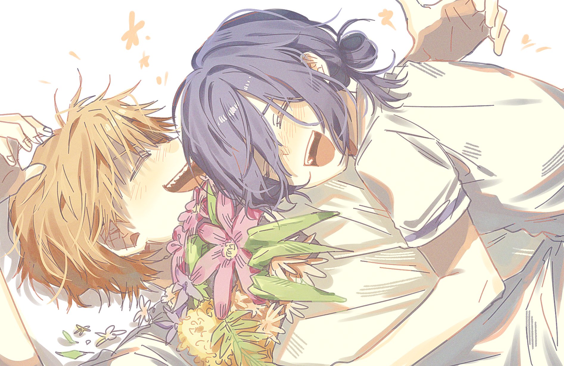 denji (chainsaw man), reze (chainsaw man), chainsaw man, highres, 1boy, 1girl, bab charyeo, blonde hair, blush, bouquet, closed eyes, flower, hair between eyes, hair bun, happy, laughing, lying, lying on person, on back, open mouth, pink flower, purple flower, purple hair, sharp teeth, shirt, short hair, short sleeves, simple background, single hair bun, teeth, white background, white shirt, yellow flower
