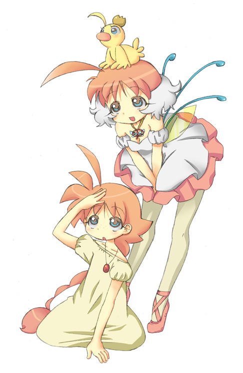 ogata zen, ahiru (duck) (princess tutu), ahiru (princess tutu), princess tutu (character), princess tutu, bad id, bad pixiv id, 00s, 2girls, ahoge, ballerina, ballet slippers, bird, blue eyes, crown, dress, dual persona, duck, female focus, footwear ribbon, freckles, jewelry, looking up, multicolored hair, multiple girls, multiple persona, orange hair, pantyhose, pendant, tutu, two-tone hair