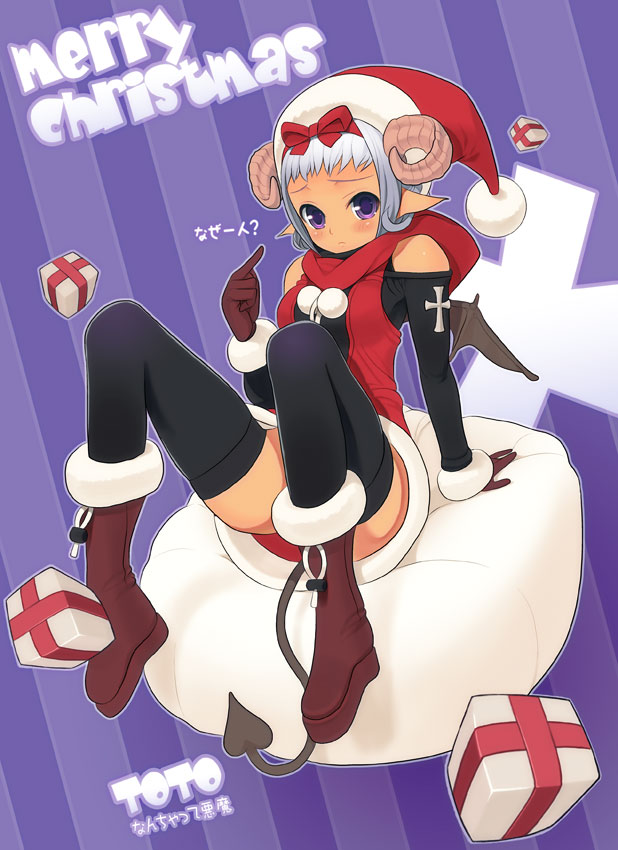 sango (53box), original, silver hair, bat wings, christmas, demon tail, gift, gloves, horns, pointy ears, purple eyes, santa costume, short hair, solo, tail, thighhighs, wings