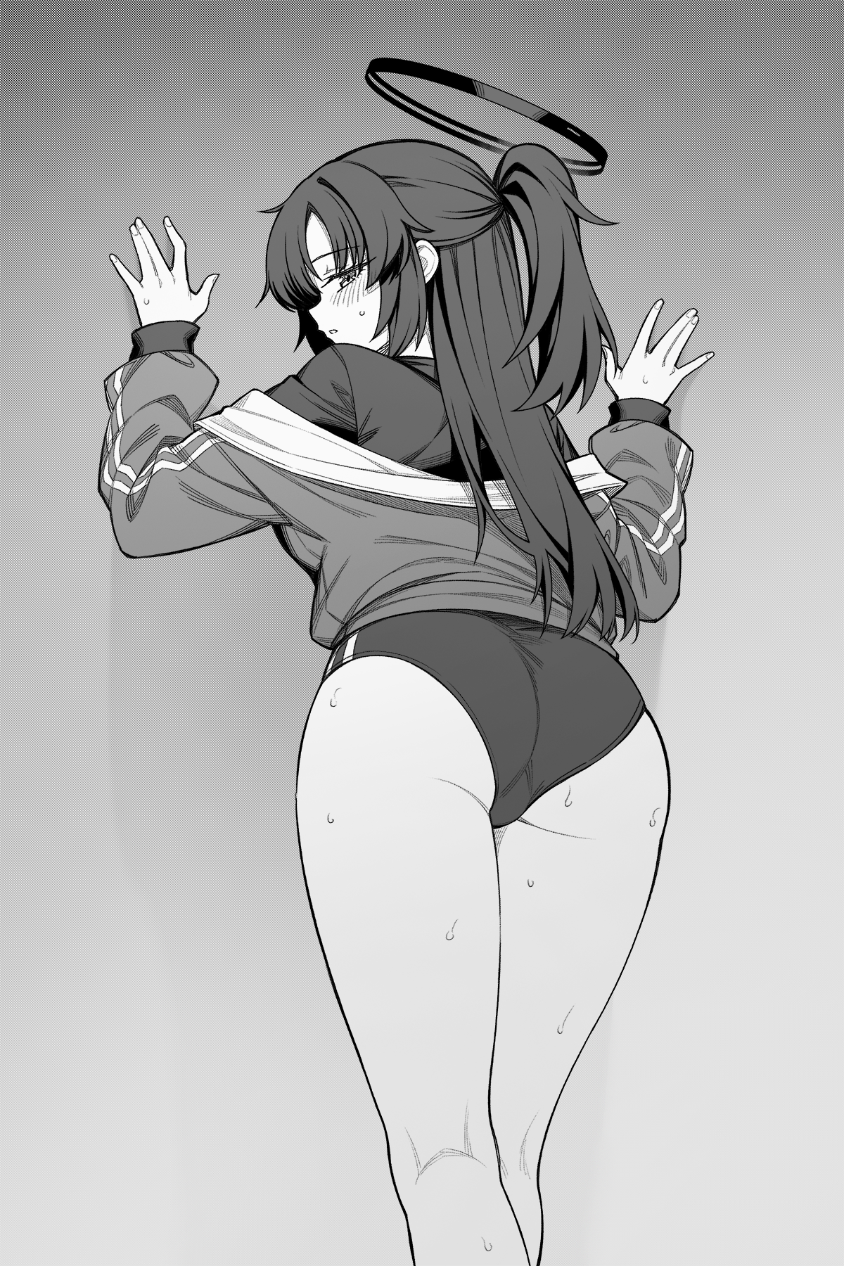 zhong zi sheliu, yuuka (blue archive), yuuka (track) (blue archive), blue archive, commentary request, highres, 1girl, against wall, ass, bare legs, blush, buruma, feet out of frame, greyscale, half updo, halo, jacket, jacket partially removed, kneepits, long hair, looking at viewer, monochrome, official alternate costume, sideways glance, solo, sweat, track jacket