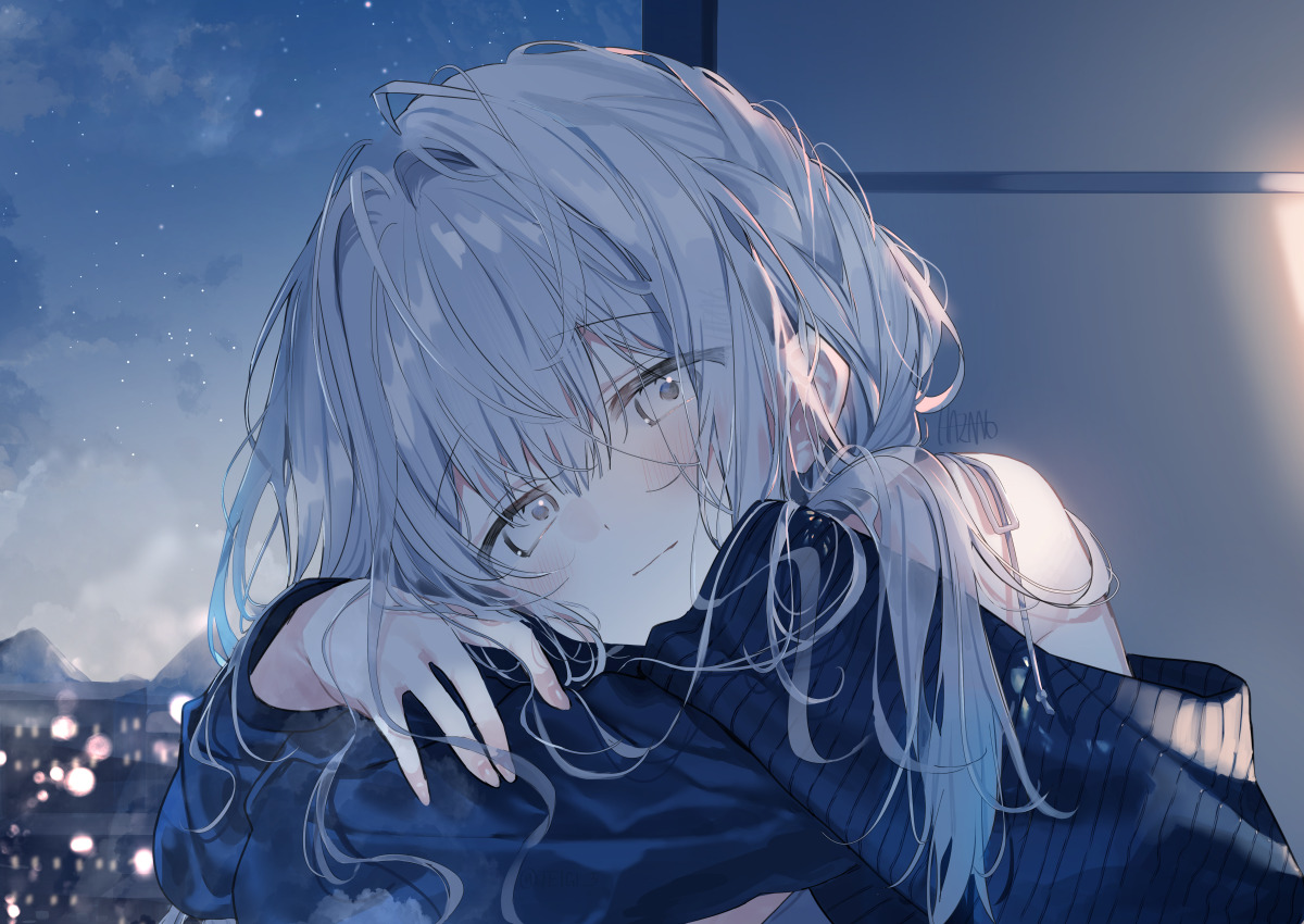 kazutake hazano, fuyukawa kagari, hakanai kimi wa moukou wo hajimeru, 1girl, arm support, balcony, black sweater, closed mouth, evening, grey eyes, grey hair, hair intakes, light blush, light frown, looking at viewer, messy hair, outdoors, signature, single bare shoulder, sitting, solo, sweater, upper body