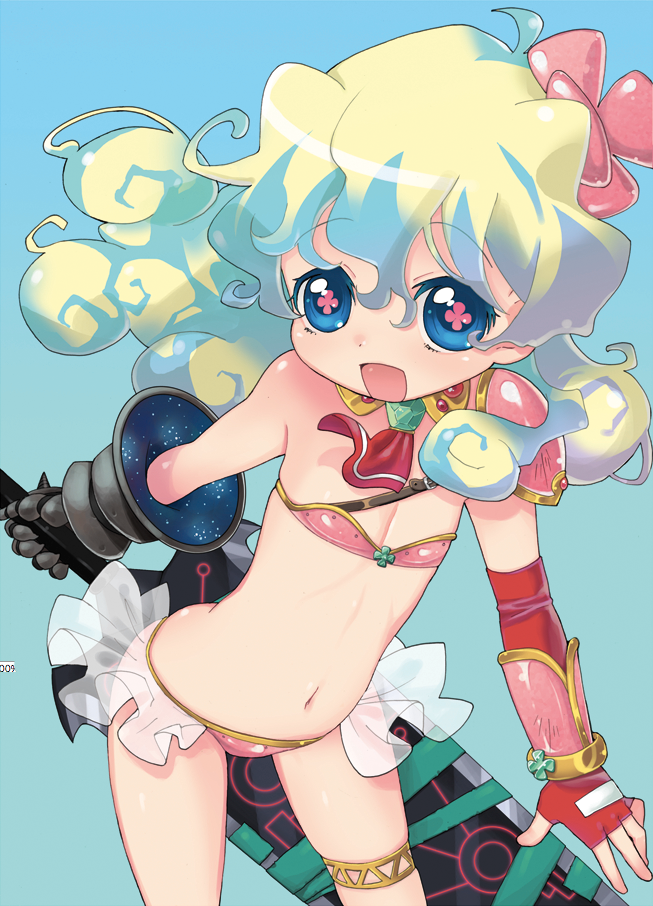 ogata zen, nia teppelin, tengen toppa gurren lagann, bad id, bad pixiv id, 00s, 1girl, armor, breasts, cleavage, curly hair, female focus, flat chest, flower, gauntlets, gloves, loli, long hair, looking at viewer, multicolored hair, see-through clothes, small breasts, solo, sword, weapon