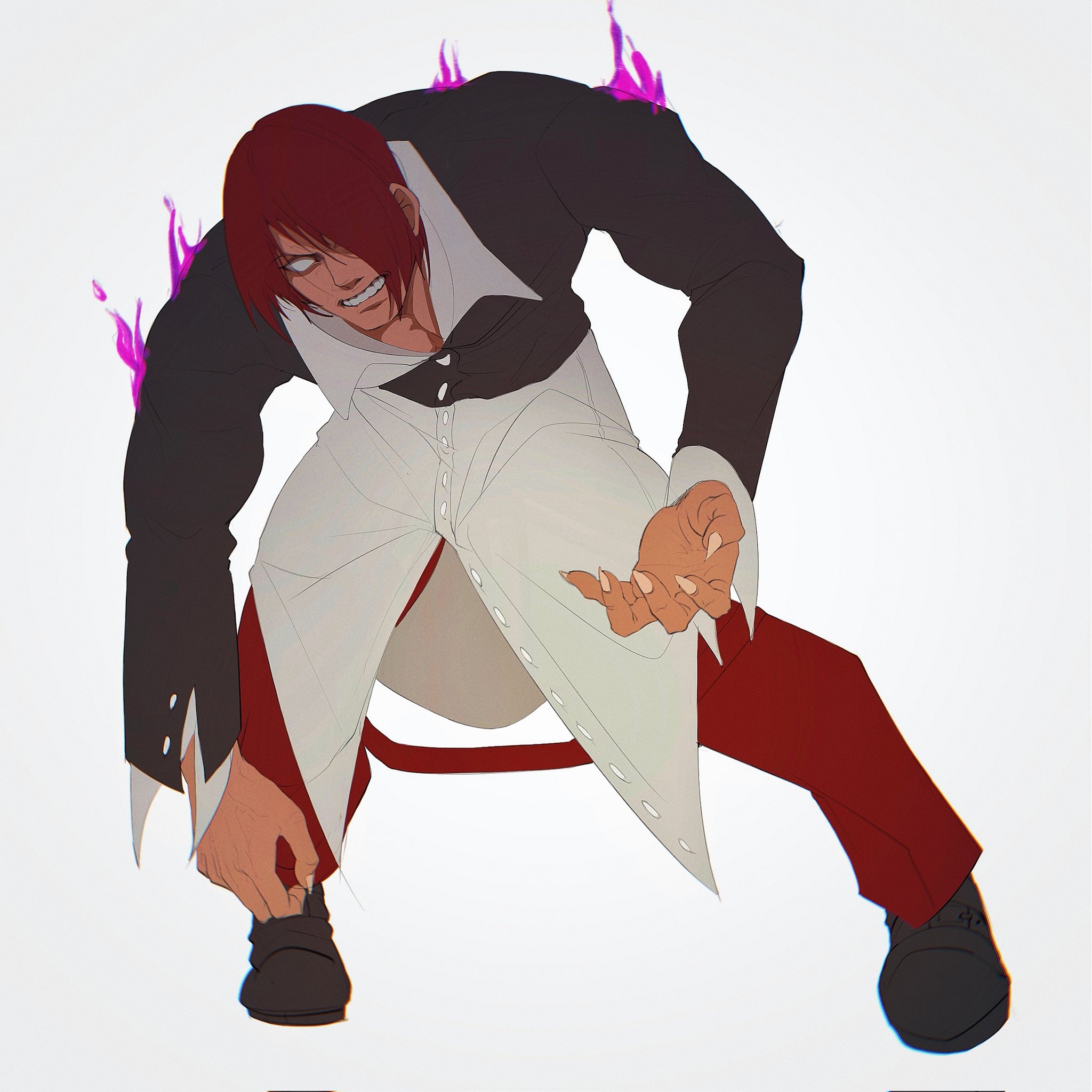 orochi iori, yagami iori, the king of fighters, corrupted twitter file, highres, 1boy, black jacket, black shoes, bondage pants, clenched teeth, cropped jacket, fingernails, fire, fire body, hair over one eye, hunched over, jacket, laoyanzi, long shirt, long sleeves, looking at viewer, male focus, no pupils, pants, purple fire, red hair, red pants, sharp fingernails, shirt, shoes, short hair, simple background, solo, teeth, white shirt