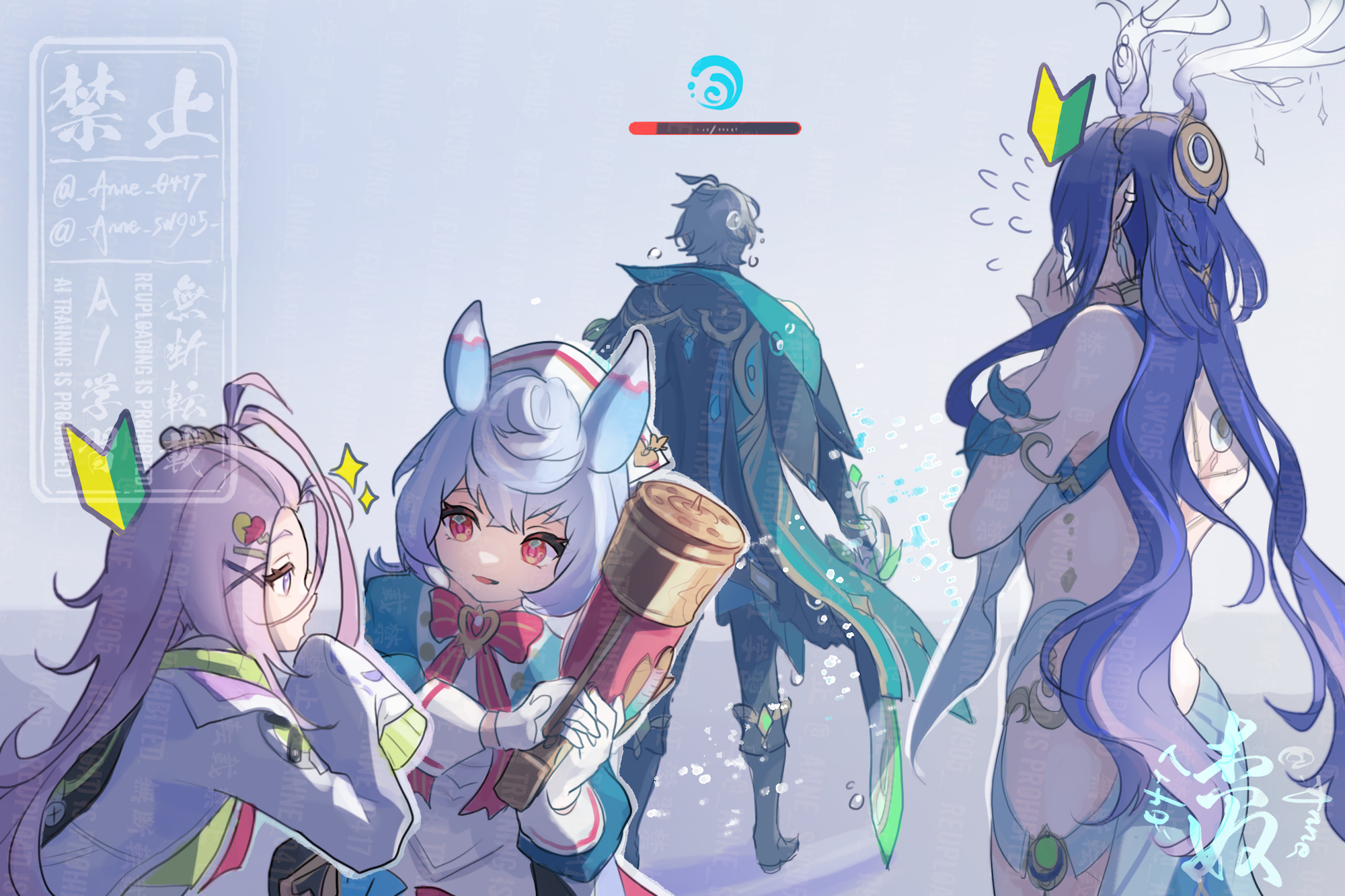 anne (anne 0417), aino (genshin impact), alhaitham (genshin impact), lauma (genshin impact), sigewinne (genshin impact), genshin impact, highres, 1boy, 3girls, antlers, bangs pinned back, boots, cape, coat, dress, facing away, flying sweatdrops, gameplay mechanics, gloves, grey hair, gun, hat, health bar, holding, holding gun, holding sword, holding weapon, horns, long hair, looking at another, low twintails, multiple girls, nurse cap, pants, pink hair, purple hair, red eyes, screw hair ornament, short hair, sleeves past fingers, sleeves past wrists, sparkle, standing, sword, twintails, user interface, very long hair, very long sleeves, watermark, weapon, wet