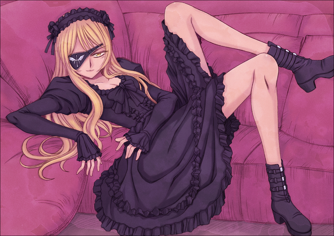 orebalgum, original, 1girl, blonde hair, boots, couch, dress, eyepatch, female focus, goth fashion, gothic lolita, leg up, lolita fashion, long hair, lying, solo, yellow eyes