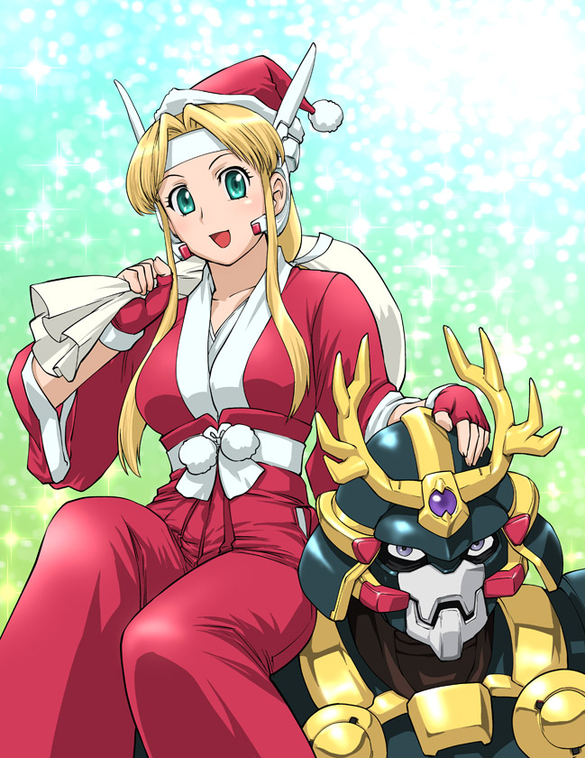 ueyama michirou, gakutensoku kazuramaruichigou, kamiwazumi kyouko, kaiki keisatsu psy police, 1girl, adapted costume, aqua eyes, armor, blonde hair, blush, breastplate, carrying, christmas, fake horns, fingerless gloves, full armor, fur trim, gem, gloves, gradient background, green eyes, grey eyes, hair intakes, hair ribbon, hand on another's head, hat, headband, helmet, holding, horned helmet, horns, japanese armor, japanese clothes, light particles, long hair, long sleeves, looking at viewer, obi, open mouth, over shoulder, ponytail, ribbon, robot, robot ears, sack, santa costume, santa hat, sash, shoulder carry, sidelocks, sitting, sitting on shoulder, smile, sparkle, wide sleeves