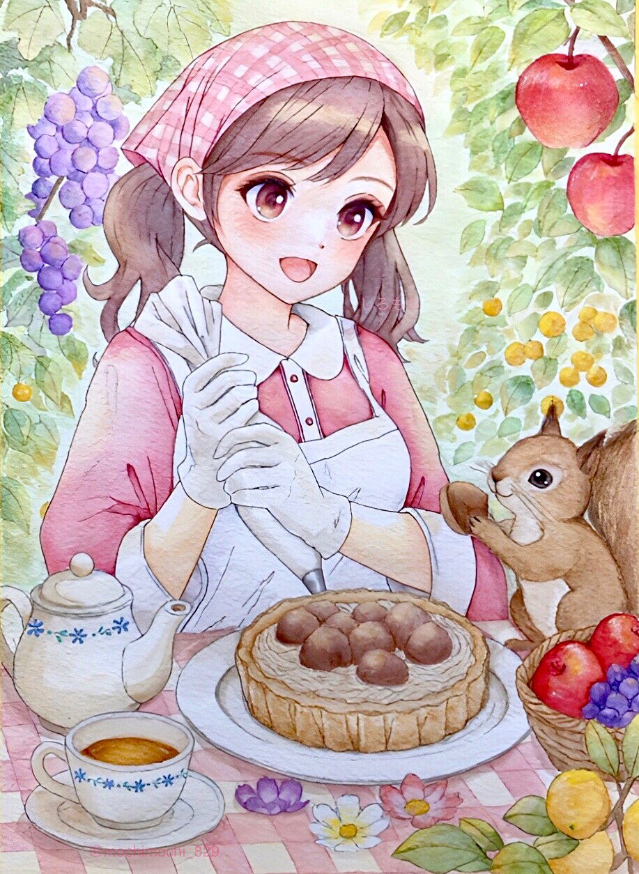 1girl, apple, apron, brown hair, cup, food, fruit, grapes, low twintails, squirrel, teacup, twintails, white apron