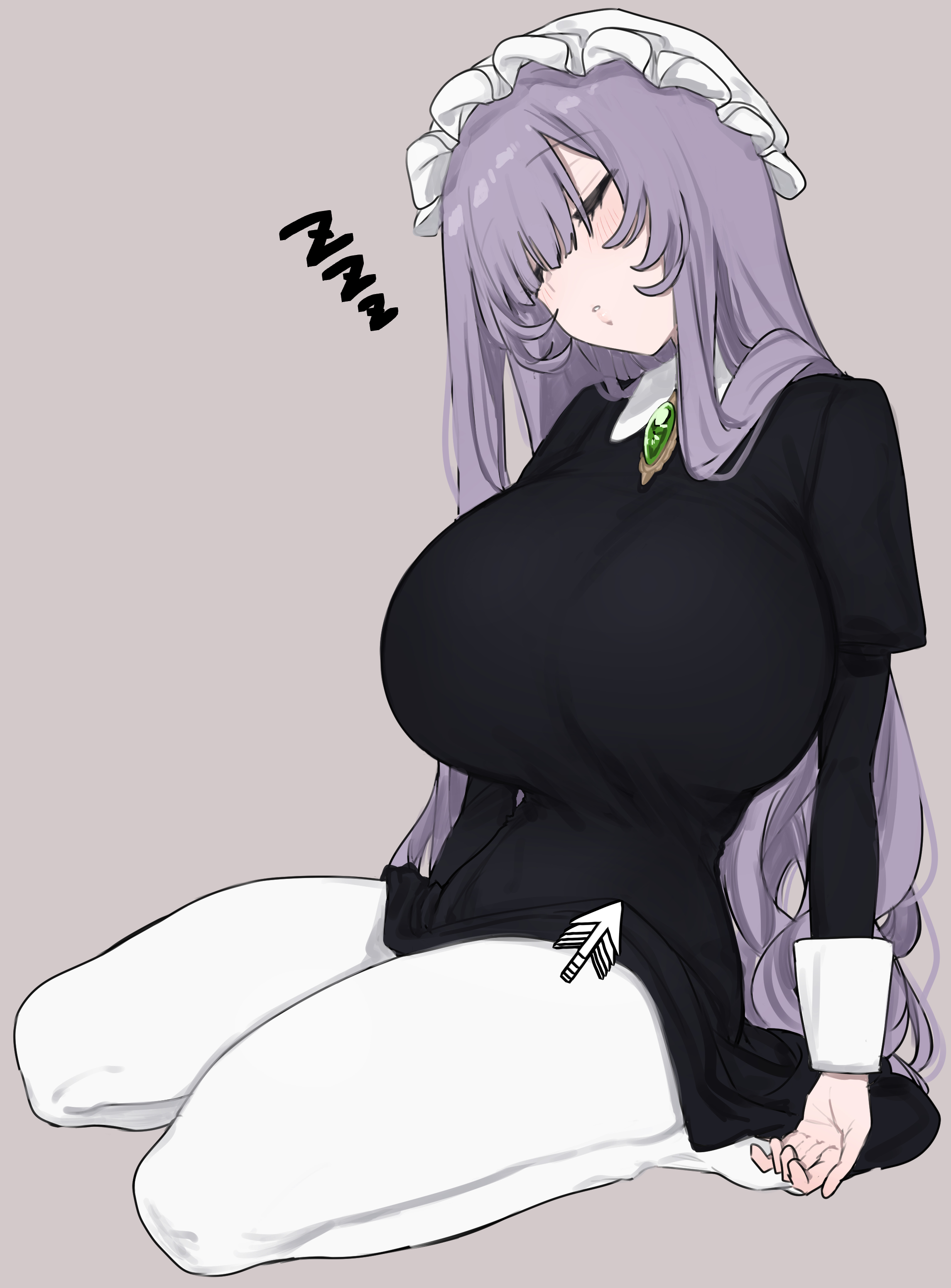 eurasia (wtp09ptw14), francoise (eurasia), original, absurdres, commentary request, highres, 1girl, black dress, blush, breasts, brooch, closed eyes, cursor, dress, flipped sidelocks, frilled hat, frills, full body, gem, green gemstone, grey background, hat, head tilt, huge breasts, jewelry, juliet sleeves, long hair, long sleeves, mob cap, no shoes, pantyhose, parted lips, puffy sleeves, purple hair, seiza, simple background, sitting, sleeping, solo, very long hair, white hat, white pantyhose, zzz