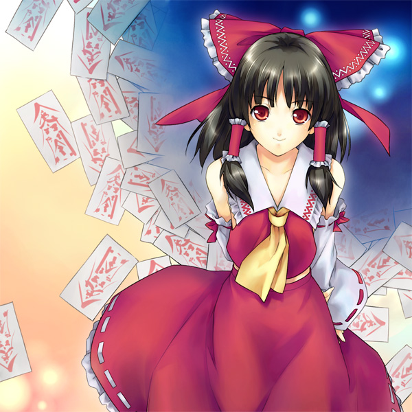 minamino kanata, hakurei reimu, touhou, 1girl, black hair, detached sleeves, female focus, gradient background, japanese clothes, long hair, miko, ofuda, red eyes, skirt, solo