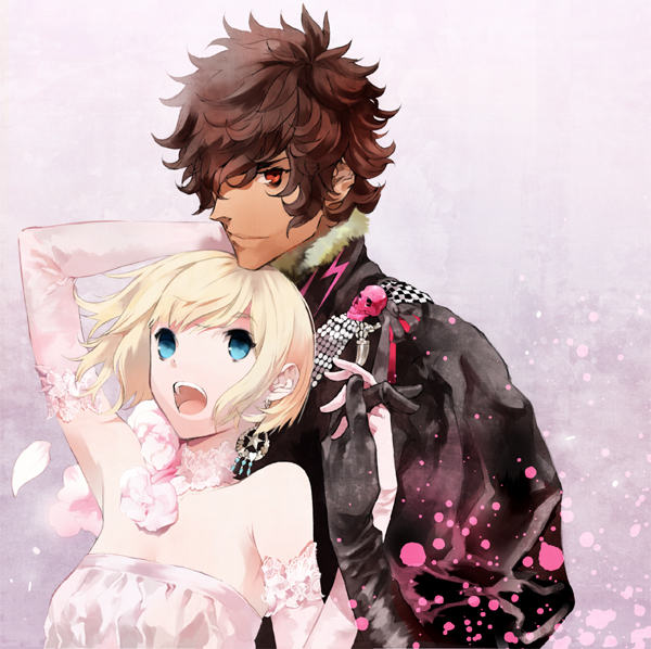 asvin, naoe marimo, ashihara chihiro, ashvin, harukanaru toki no naka de, harukanaru toki no naka de 4, 00s, 1boy, 1girl, blonde hair, blue eyes, brown hair, dress, red eyes