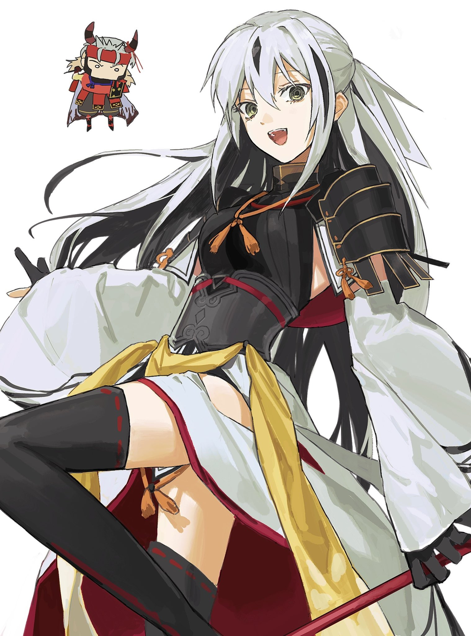 cherroppi, nagao kagetora (fate), takeda shingen (fate), fate/grand order, fate (series), highres, 1boy, 1girl, armor, black hair, black thighhighs, breasts, chibi, chibi inset, green eyes, hair between eyes, half updo, japanese armor, japanese clothes, kimono, long hair, long sleeves, looking at viewer, medium breasts, multicolored hair, open mouth, simple background, smile, streaked hair, thighhighs, two-tone hair, very long hair, white background, white hair, yellow eyes
