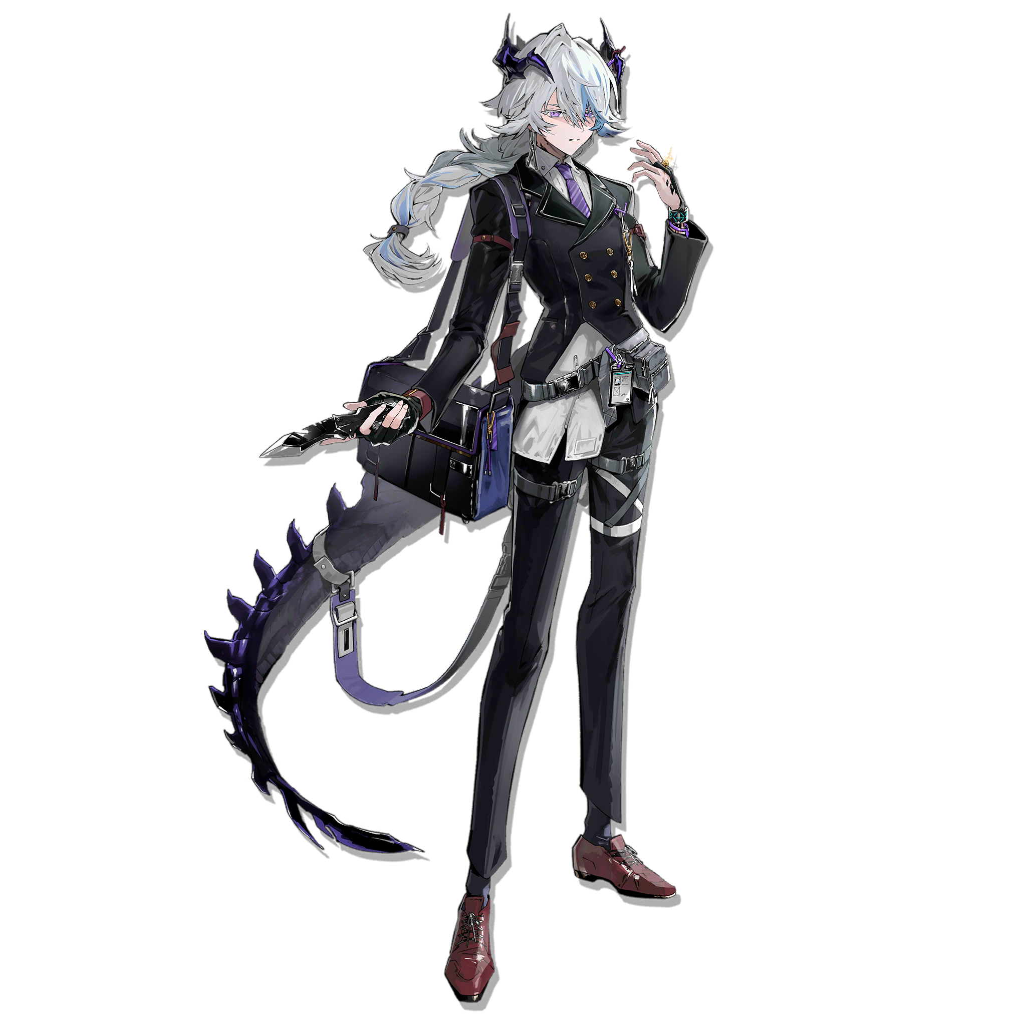 kaninn, infection monitor (arknights), puzzle (arknights), arknights, highres, official art, third-party source, 1boy, asymmetrical gloves, bag, bishounen, black bag, black gloves, black jacket, black pants, black suit, braid, buttons, double-breasted, dragon boy, dragon horns, dragon tail, fingerless gloves, formal clothes, full body, gloves, horns, jacket, male focus, material growth, mismatched gloves, necktie, oripathy lesion (arknights), pants, parted lips, purple eyes, purple horns, purple necktie, purple tail, shirt, shoulder bag, simple background, solo, standing, suit, tachi-e, tail, transparent background, white hair, white shirt
