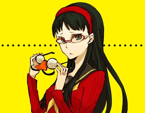 buzz (moi), amagi yukiko, atlus, persona, persona 4, lowres, 1girl, black hair, female focus, glasses, groucho glasses, hairband, holding, holding removed eyewear, long hair, red-framed eyewear, school uniform, simple background, solo, unworn eyewear, yellow background