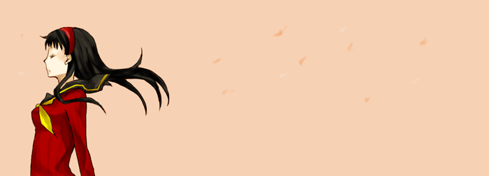 buzz (moi), amagi yukiko, atlus, persona, persona 4, beige background, 1girl, arms at sides, black hair, emblem, female focus, floating hair, from side, long hair, sailor collar, school uniform, serafuku, simple background, solo, upper body, wind