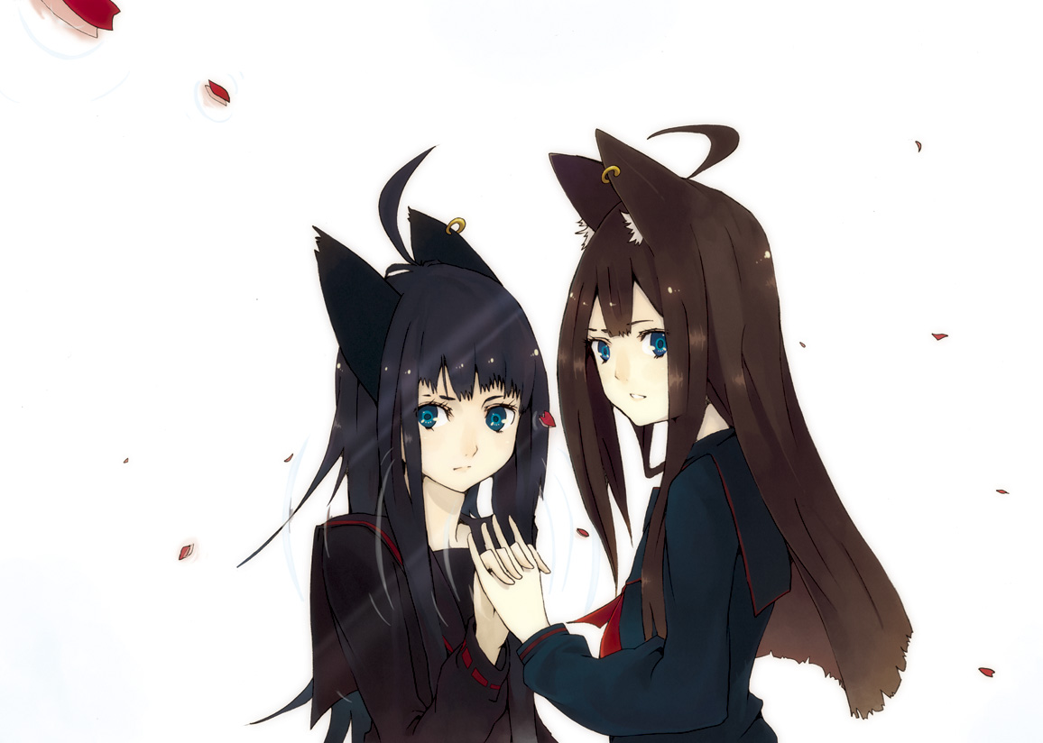 hrd, original, bad id, bad pixiv id, ahoge, animal ears, black hair, blue eyes, brown hair, earrings, holding hands, jewelry, long hair, petals, school uniform