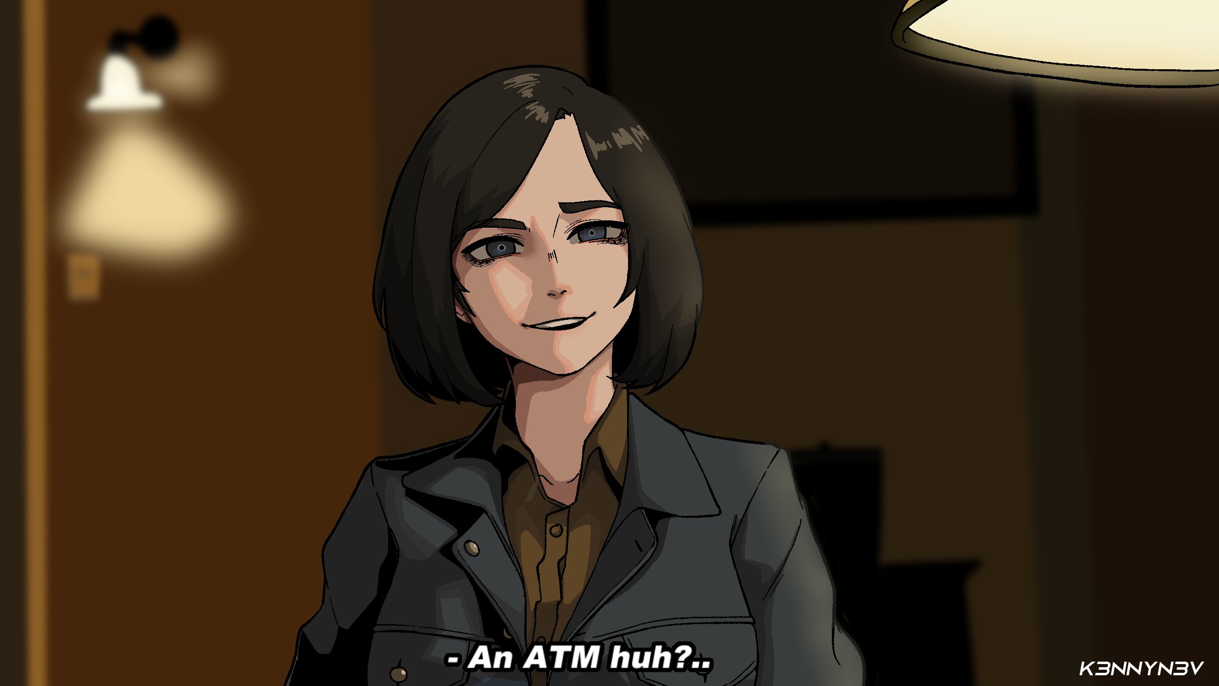k3nnyn3v, no country for old men, commentary, english commentary, highres, photo-referenced, …, 1girl, ?, anton chigurh, artist name, black hair, black pants, blue eyes, blue jacket, bob cut, brown shirt, buttons, english text, evil smile, feet out of frame, genderswap, genderswap (mtf), gun, indoors, jacket, lamp, light smile, long sleeves, medium hair, open clothes, open jacket, open mouth, pants, pocket, shadow, shirt, sidelighting, sitting, smile, straight hair, subtitled, wall lamp, weapon, wing collar